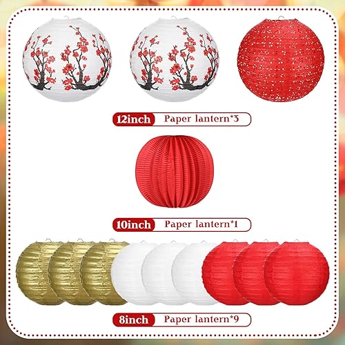 Miniatura 3 de Bencailor Farol chino japonés de papel, farol de año nuevo chino, decorativo, hueco, redondo, flor de ciruelo, rojo, blanco, oro, farol chino,