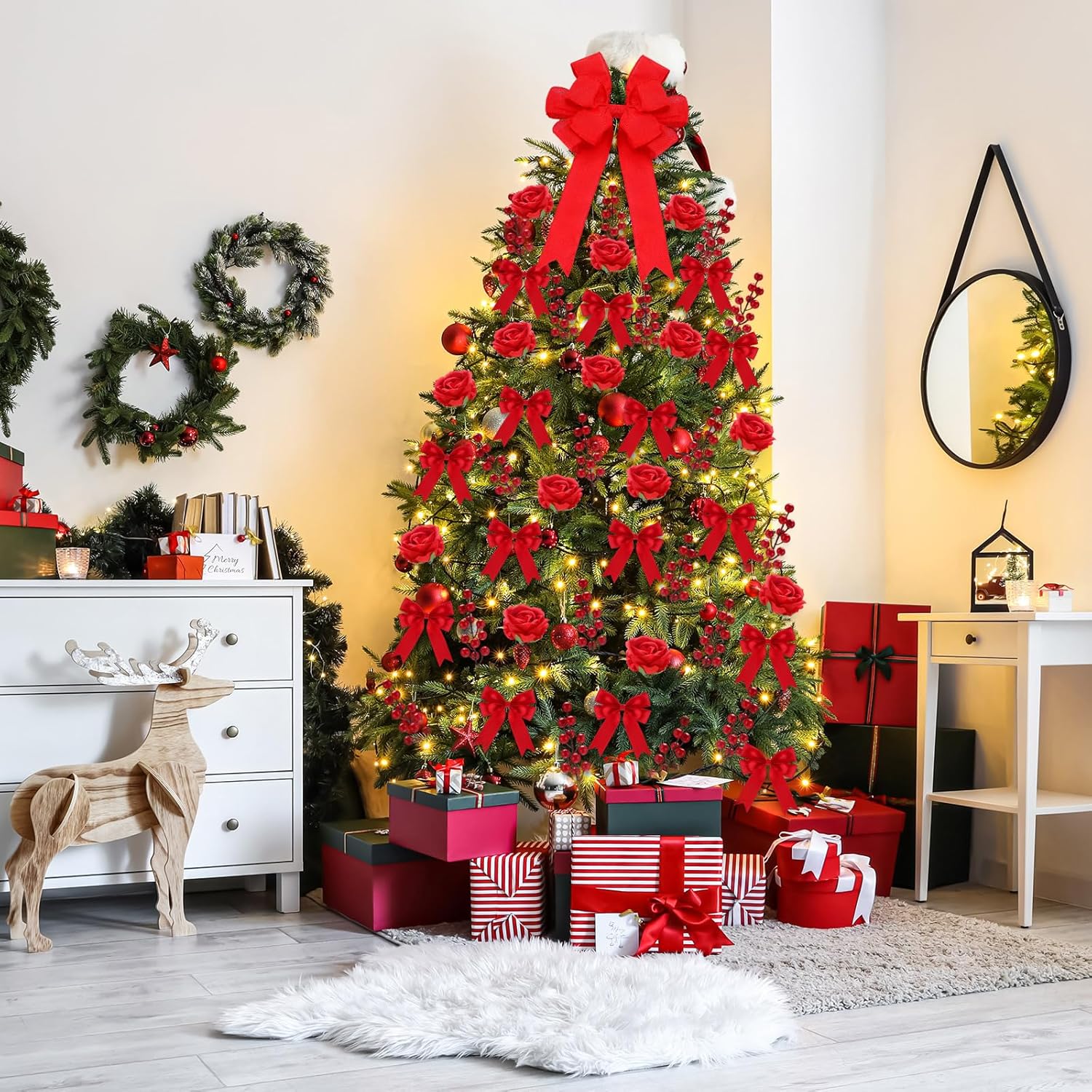 Duraaamo 61 Pcs Rose Christmas Tree Decoration Include Faux Rose Artificial Berries Small Ribbon Bows Big Topper Bow Holiday Decorations Set for Home Wreaths Xmas Tree(Red)