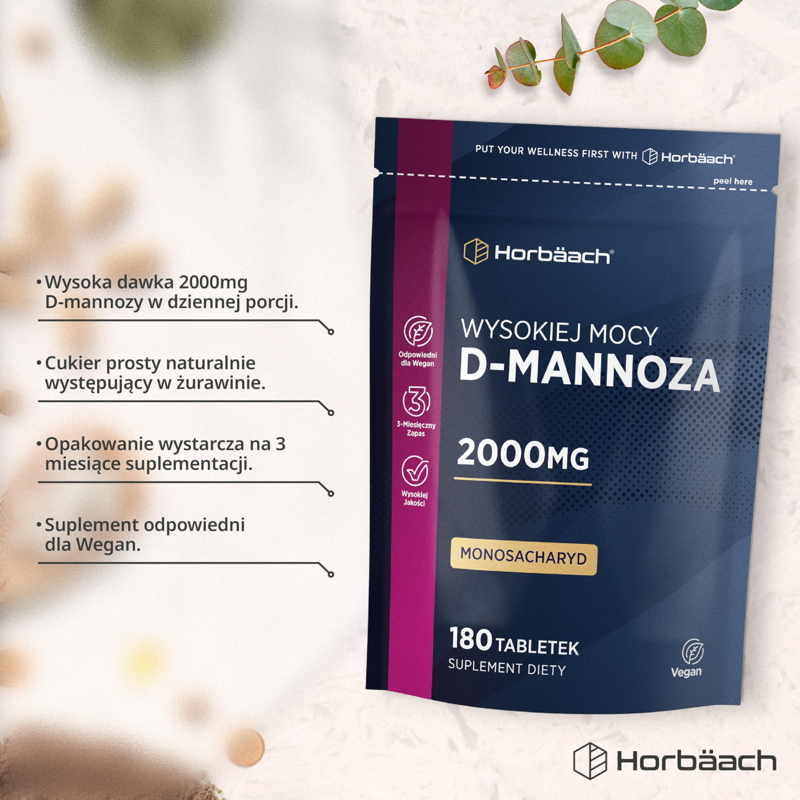 D-Mannoza Tabletki 2000mg | 180 Tabletek Wegańskich (Zapas na 3 Miesiące) | Suplement Diety o Wysokiej Mocy dla Kobiet i Mężczyzn | marki Horbaach