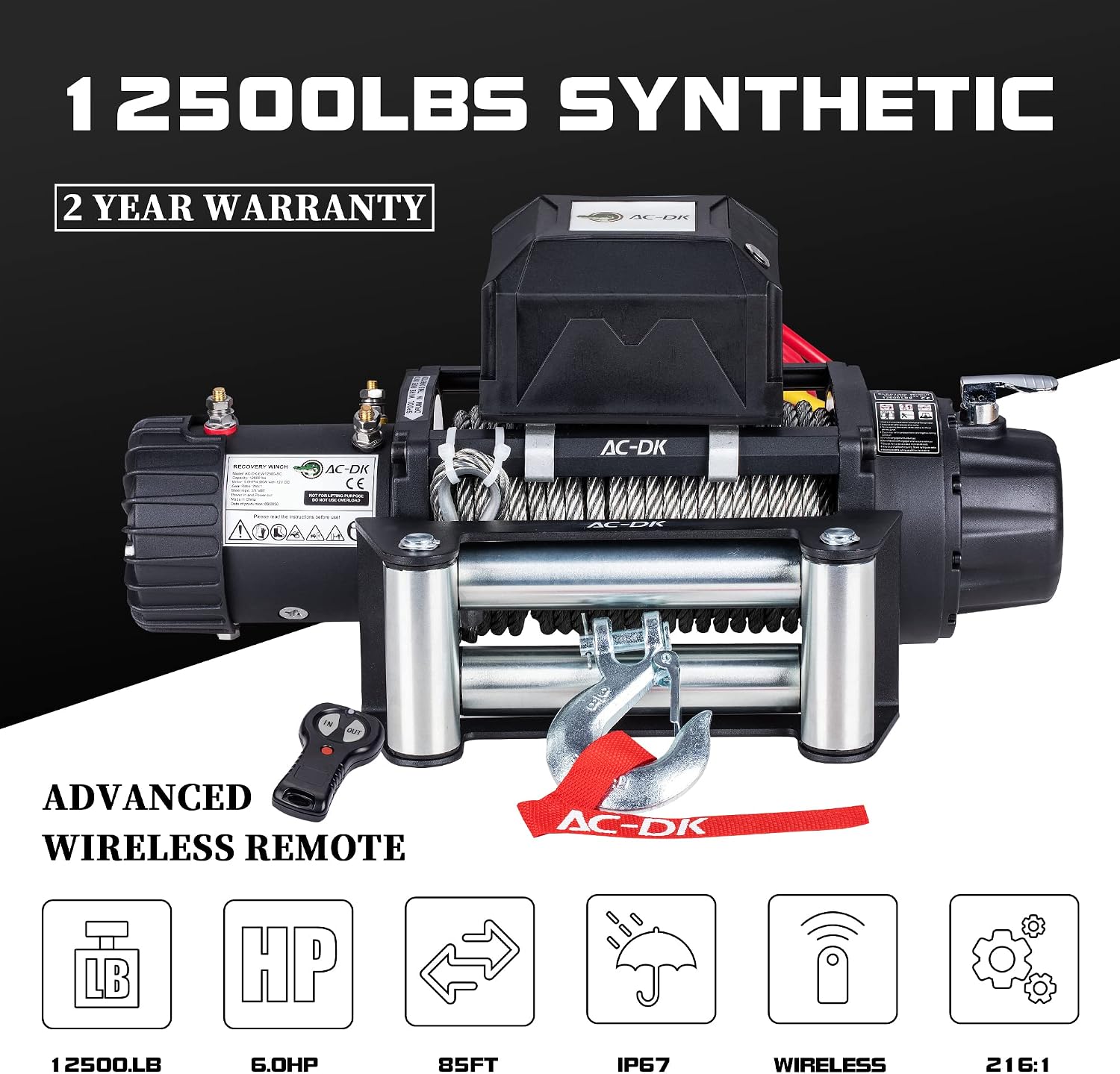 AC-DK 12500lbs Electric Winch Water Proof IP67 Recovery Winch 12V DC Black Color with Steel Rope Including Overload Protection, Winch Dust Cover and Wireless Remotes