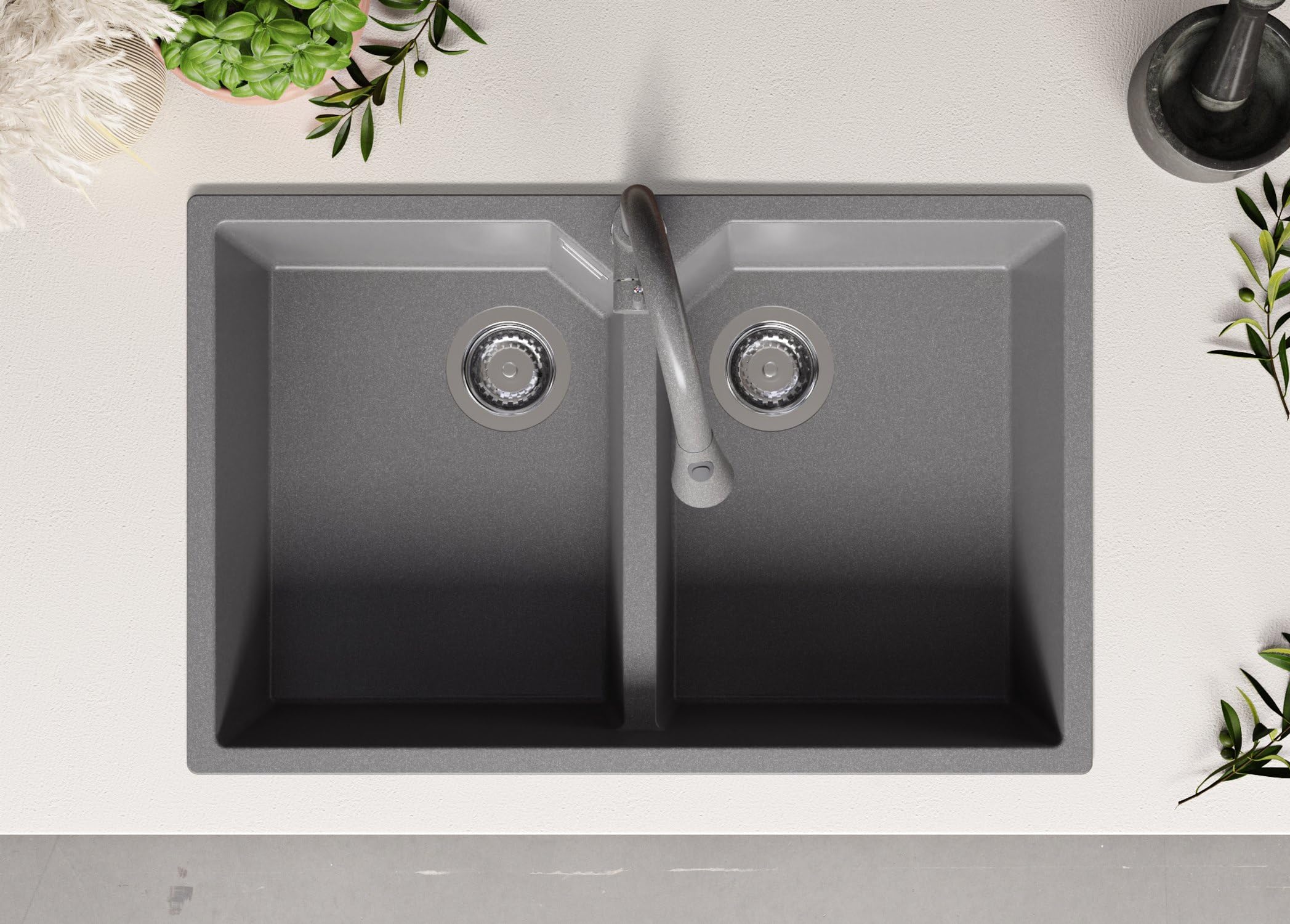 PRIMAGRAN Fregadero Cocina Todo Gris 78x50cm, Granito 2 Senos + Sifón, Sobre Encimera al Mueble 80cm - Madrid Twin S008