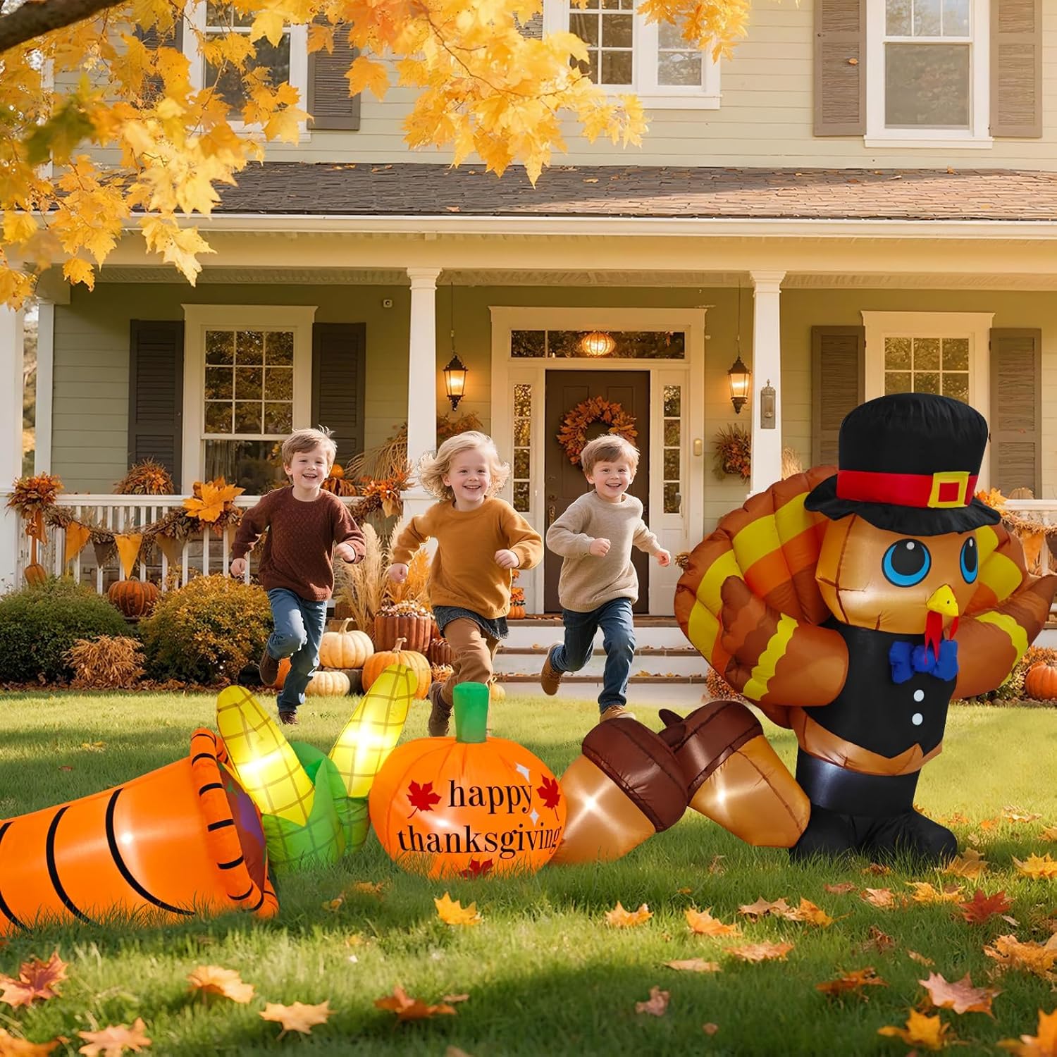 9FT Long Thanksgiving Inflatables Turkey Outdoor Decorations Blow Up Turkey Yard Inflatable with Pumpkin Corn Cornucopia Built-in LED Lights Thanksgiving Day Parade Fall Lawn Garden Outside Decor