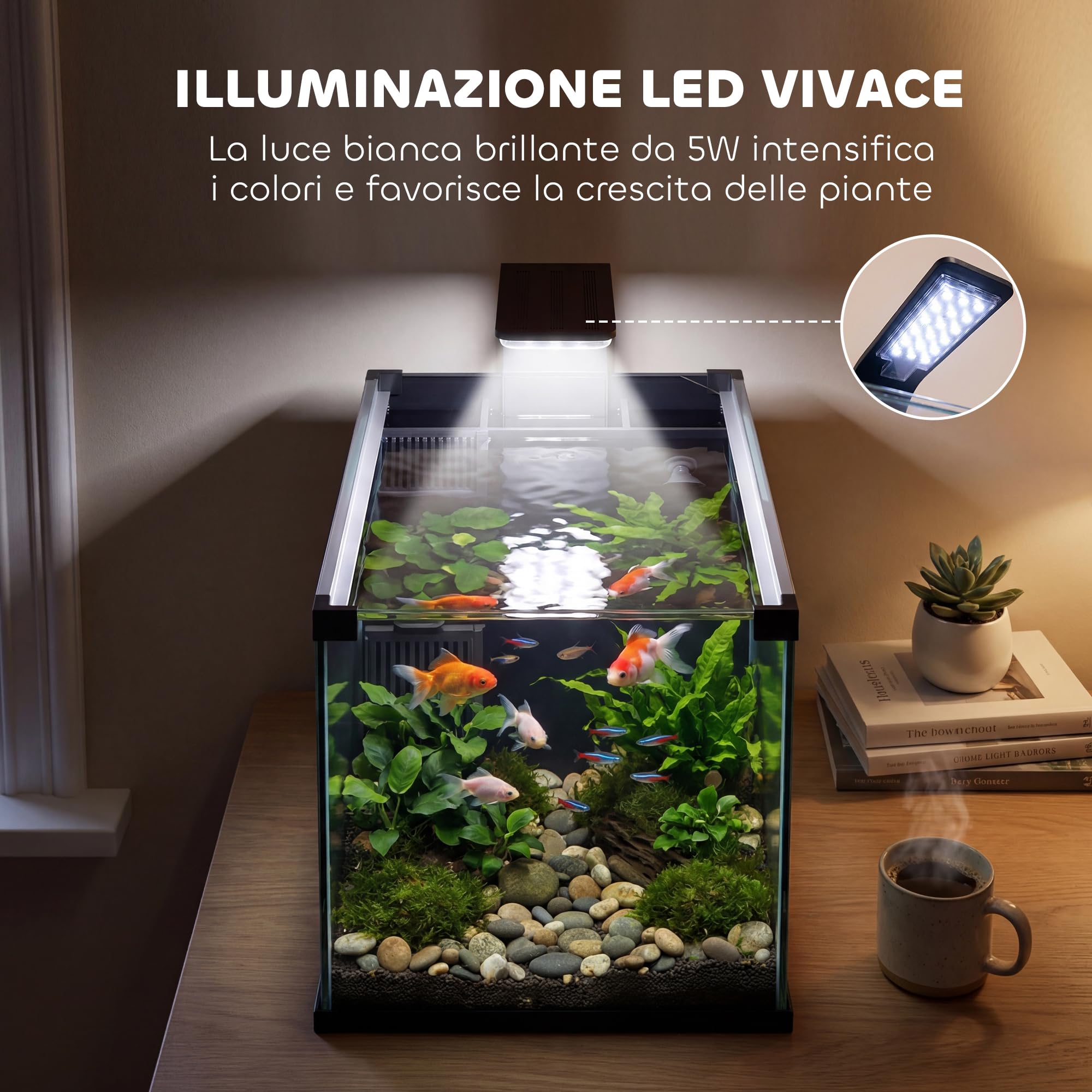 PawHut Acquario in Vetro Temperato 24L, Acquario Completo Piccolo Trasparente con Filtro Integrato, Luce LED e Pompa dell'Acqua per Pesci Tropicali, Pesci Rossi, Casa, Ufficio, 45x25x25.5 cm, Nero