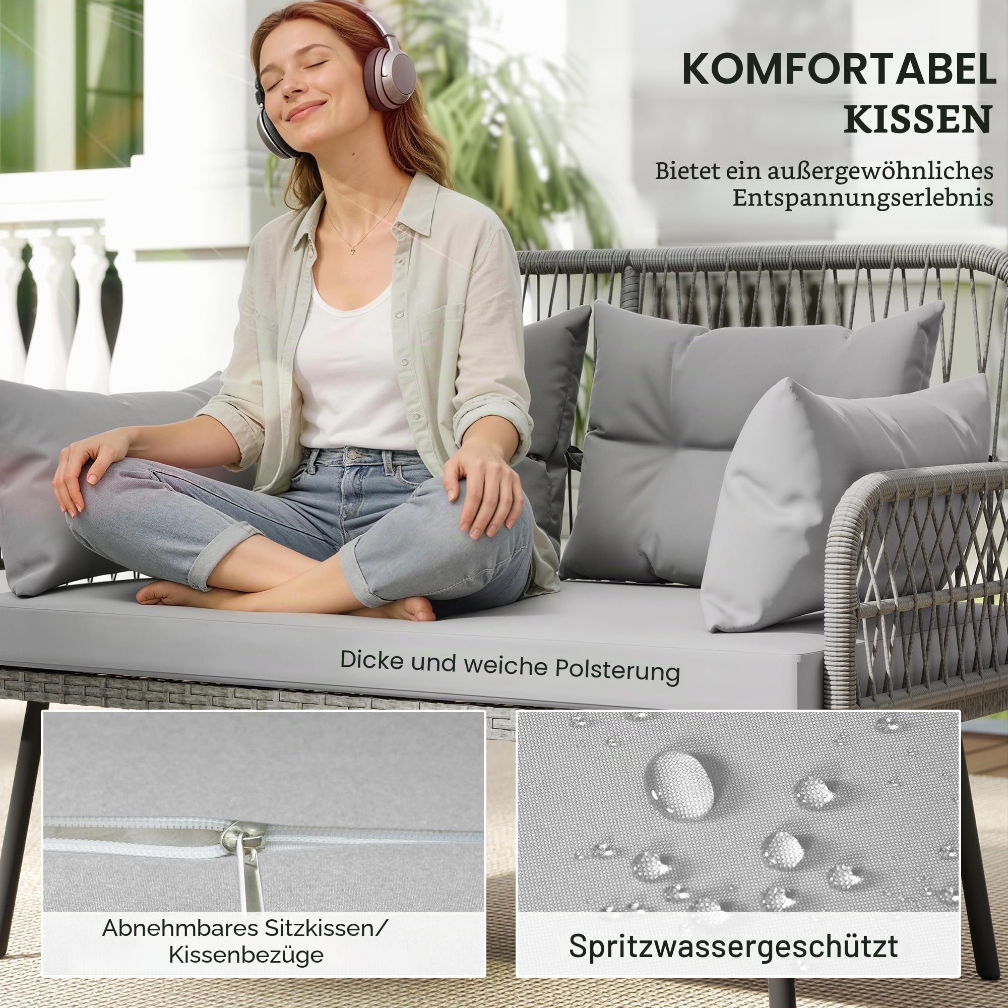 Outsunny Gartensofa mit Kissen und Kopfkissen, 2-Sitzer aus geflochtenem Kunststoff, Outdoor-Sofa mit Armlehnen, Rahmen aus verzinktem Stahl für den Balkon, dunkelgrau