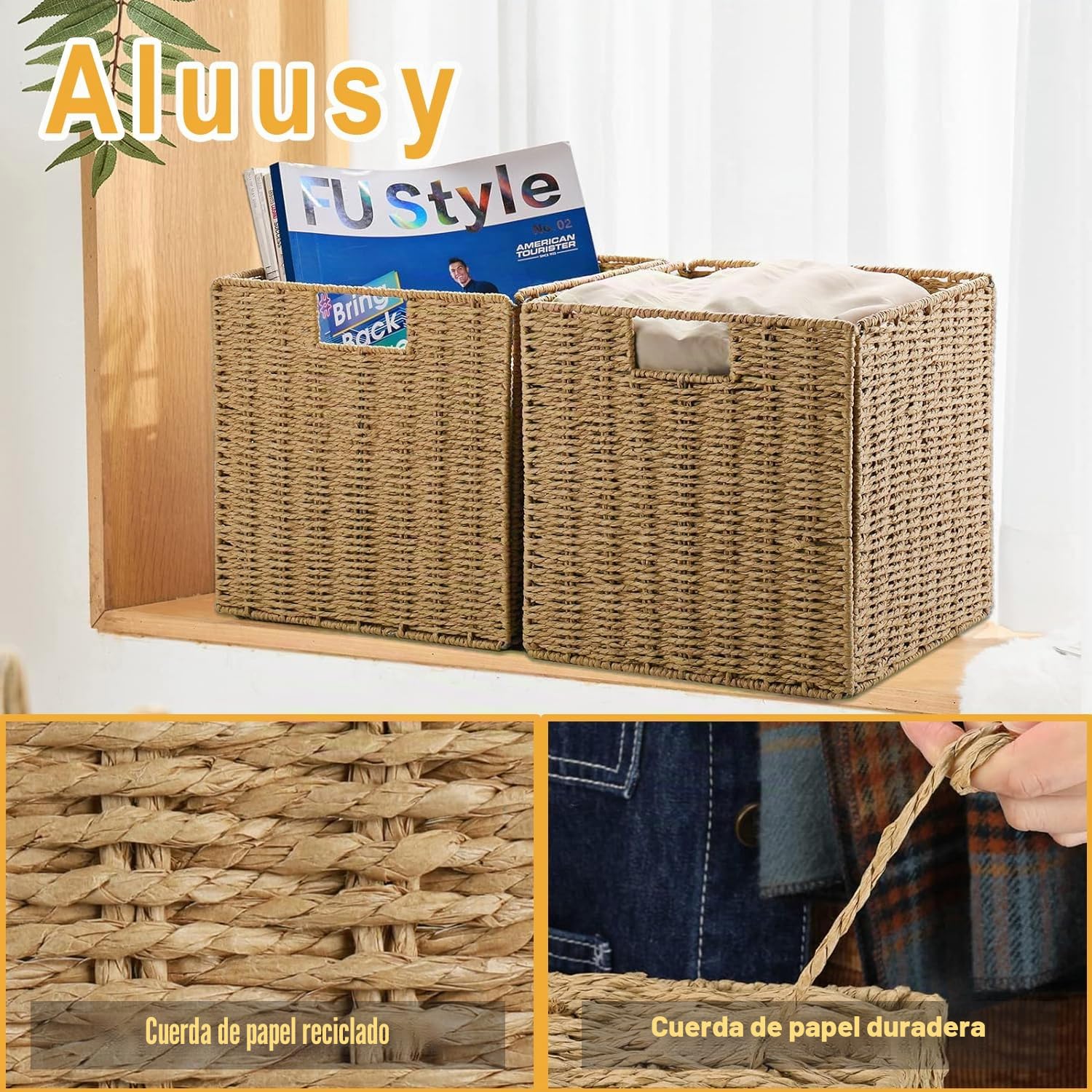 2 Cestas de Almacenaje, Cesta Mimbre Tejidas a Mano Cubo 28CM, Cesta Grande Plegable de Papel de Jacinto de Agua con Asas, Cesto Decorativo para Baño Estanterías Kallax Cocina