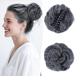 Messy Bun Hair Pieces for Women, Wavy Claw Clip Hair Bun, Synthetic Fake Hairs Buns Extension, Tousled Updo Messy Buns Hairs Clip for Women Daily Wear (M1/Gray#, 1 Count (Pack of 1))