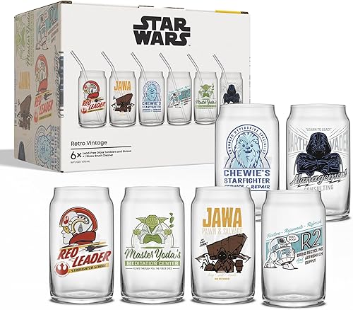 Miniatura 9 de JoyJolt Star Wars Retro Vintage Collection - Vasos de vidrio de 16.9 onzas, con Darth Vader, R2D2, Yoda, Chewbacca, Red Leader, Jawa, Juego de 6