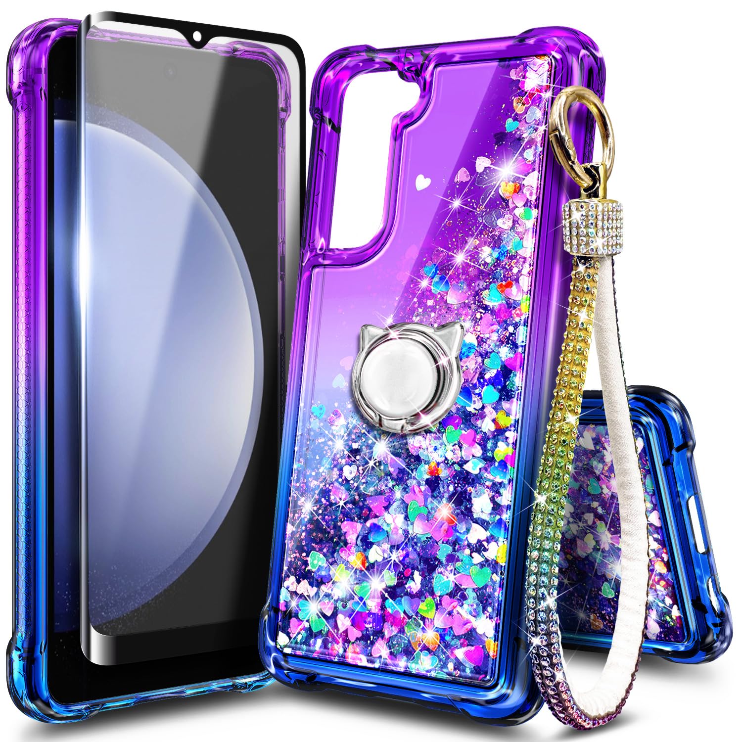WDHD Compatible with Samsung Galaxy S24-FE Case Purple/Blue | Glitter Floating Liquid Cute Phone Cover with Tempered Glass Screen Protector & Ring