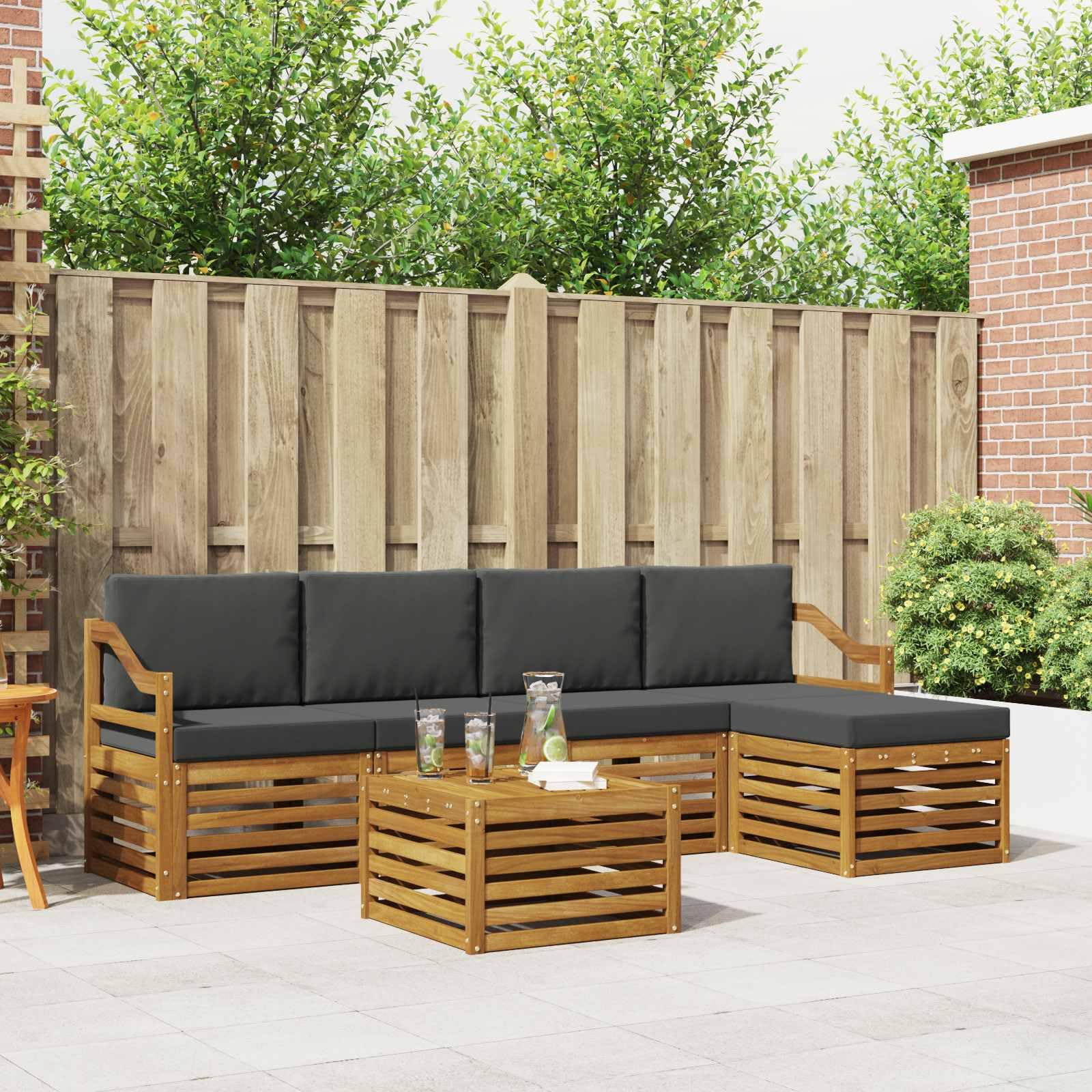 Outdoor-Gartenmöbelset mit 6 Kissen aus massivem Akazienholz wetterfestes Design für Terrasse, Balkon und Garten, inklusive Tisch, Sofas, Hocker, Armlehnen und Sitzkissen