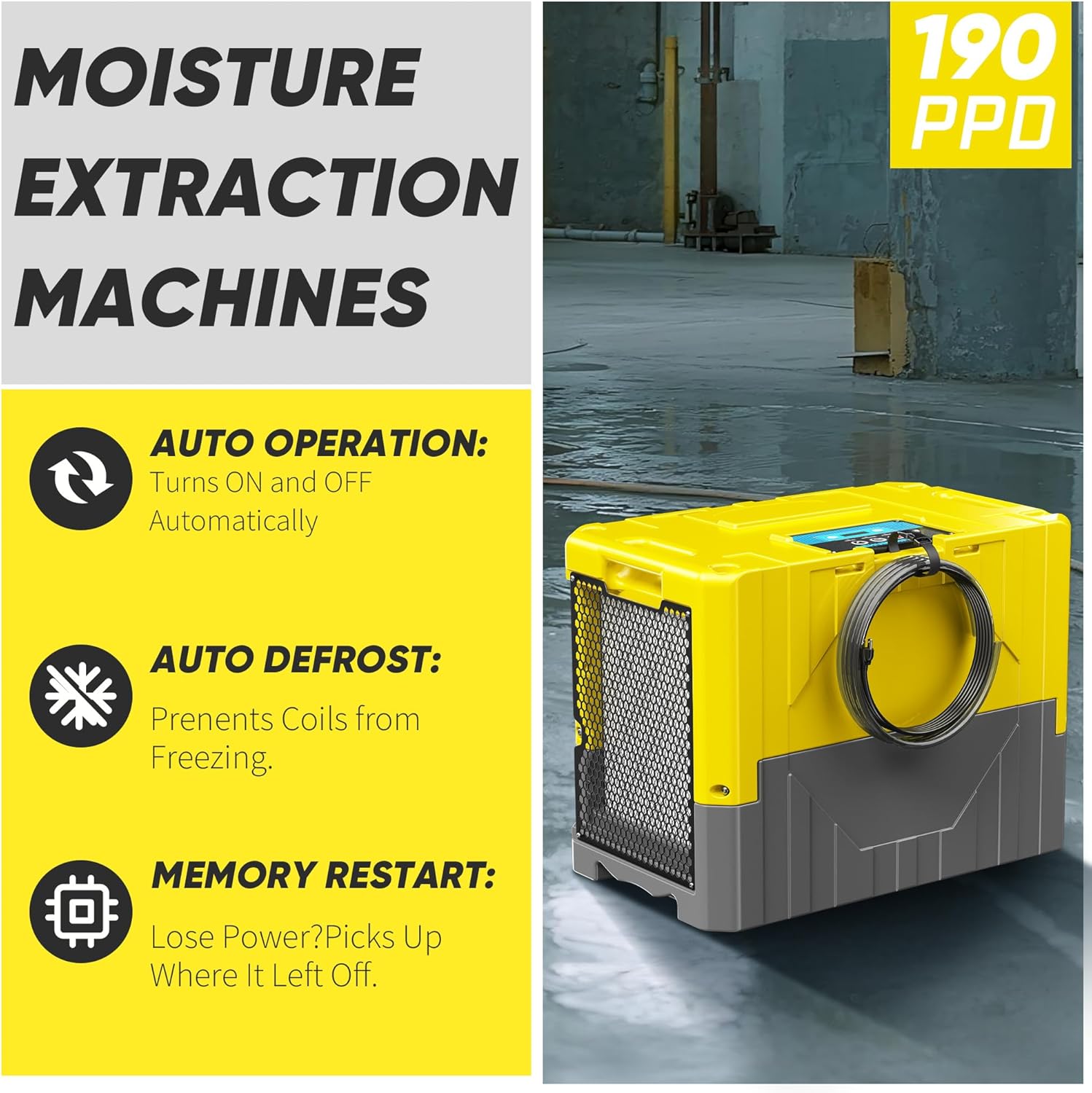 190Pints High Efficiency Commercial Dehumidifier for Basements-6000 Sq.Ft. Industrial Grade Dehumidifiers with Pump & Drain Hose for Crawl Spaces Water Damage Restoration-Auto Defrost, Memory Starting