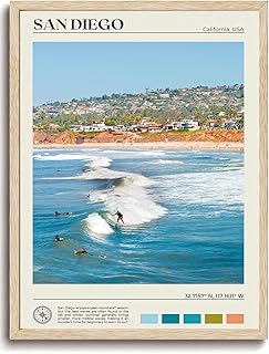 KISSFOX OAK Wood Framed Wall Art San Diego Wall Decor California Canvas Art Coastal Pictures Beach Surf Paintings Travel Posters Aesthetic Artwork For Bedroom Office Living room