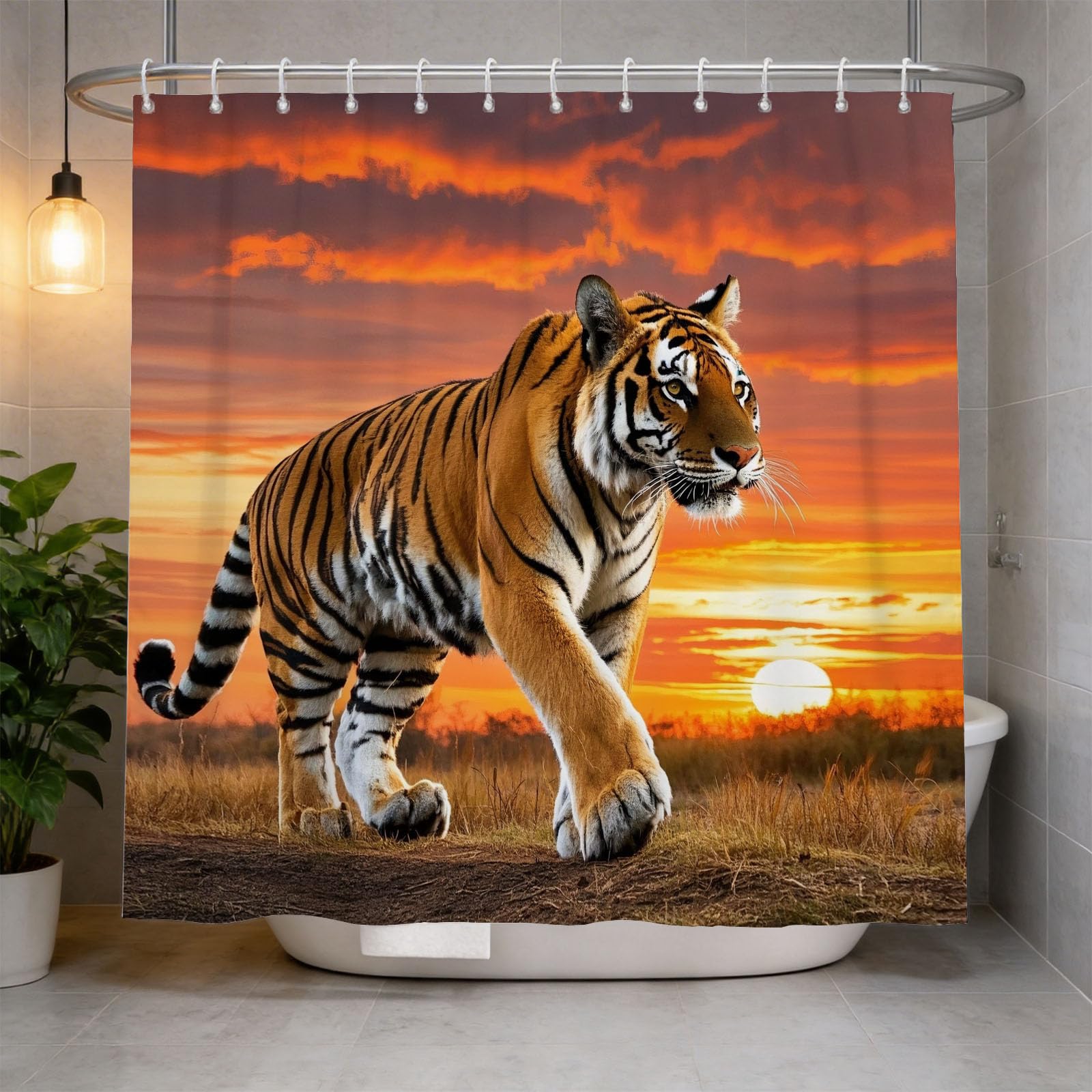 Hongduo 3D Tiger Printed Shower Curtain for Stalls Bathtubs Sunset Bathroom Decor Shower Curtain Set Polyester Fabric Waterproof 180x180cm/71X71 Inch with Hooks