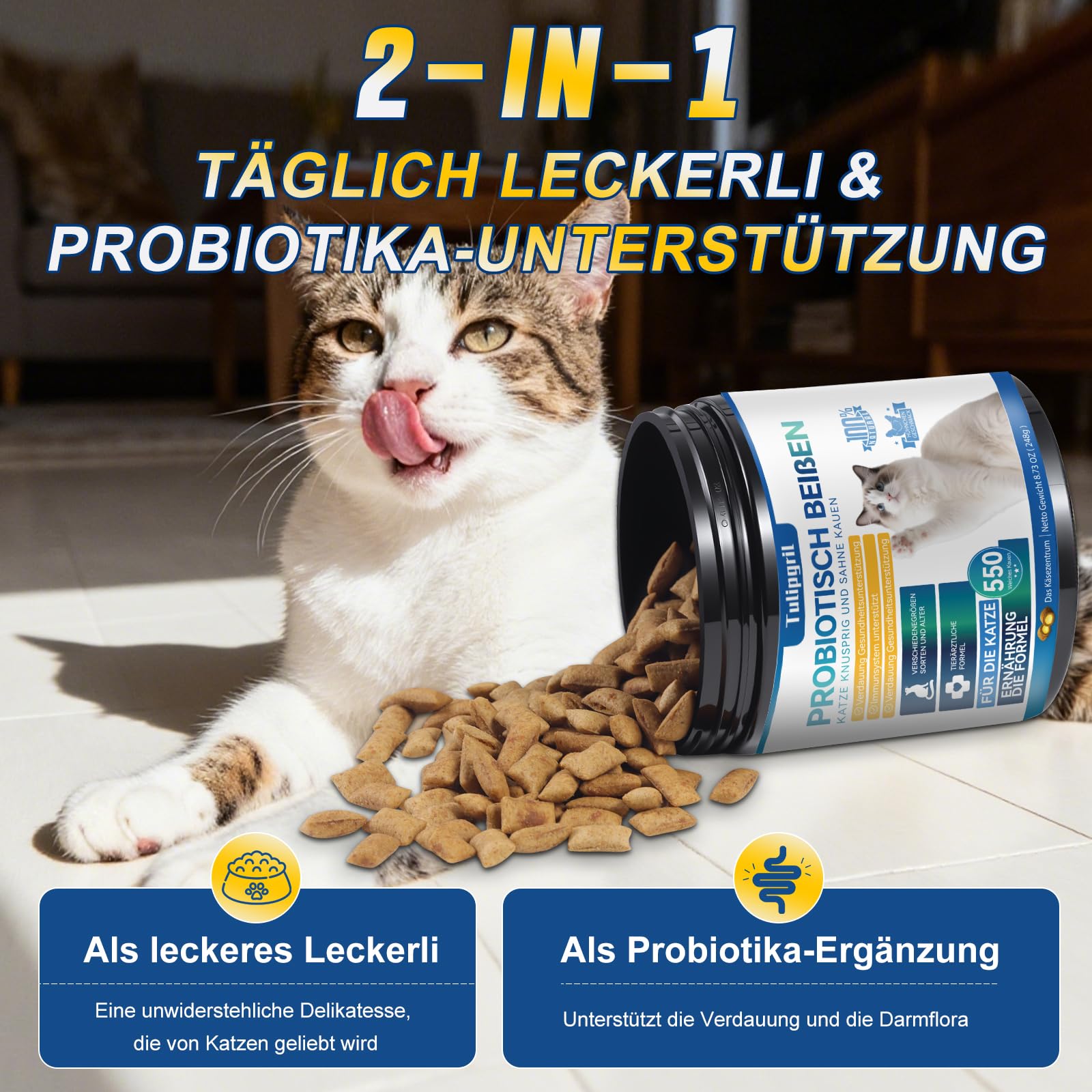 Katzen-Probiotika-Kautabletten für die Verdauungsgesundheit – 550 Stück mit Verdauungsenzymen & Präbiotika – Unterstützt die Darmgesundheit, Reduziert Durchfall & Mundgeruch – Schmackhafte