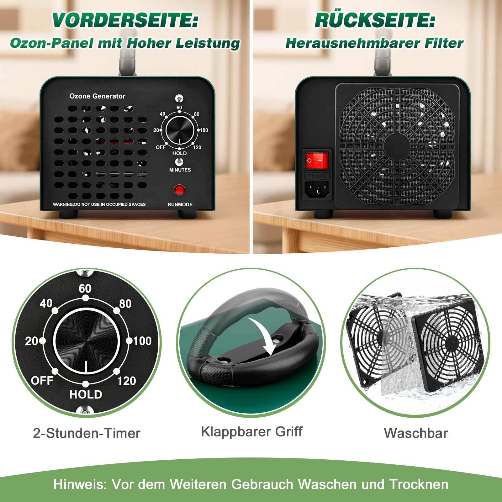 Ozongenerator 30000mg/h, Ozonisator Industrieller Ozongerät O3 Ozon Luftreiniger mit 120 Min Timer für 300㎡ Geruchskiller Geruchsneutralisierer für Auto Garagen Wohnung Hotels Küche Haustiere Gerüche