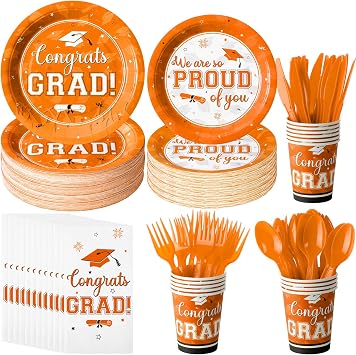 Graduation Party Supplies Congrats Grad Plates and Napkins Set Serve 50,Disposable Tableware Paper Plates Napkins Cups Knives Spoons Forks Straw for Class of 2026 Graduation Party Decorations Orange