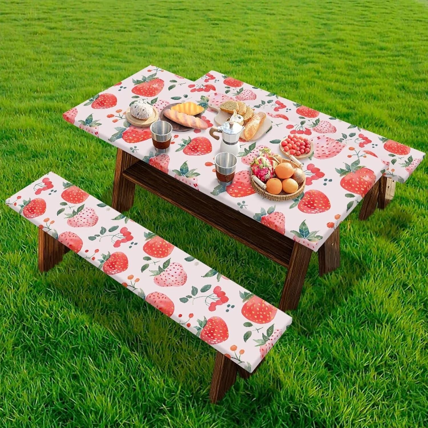 3 Pcs Set Fitted Picnic Table Cover with Bench Covers Strawberry Waterproof Camping Rectangle Tablecloth for Picnic Table Fits Tables 72in Camping Supplies 3Pcs Set