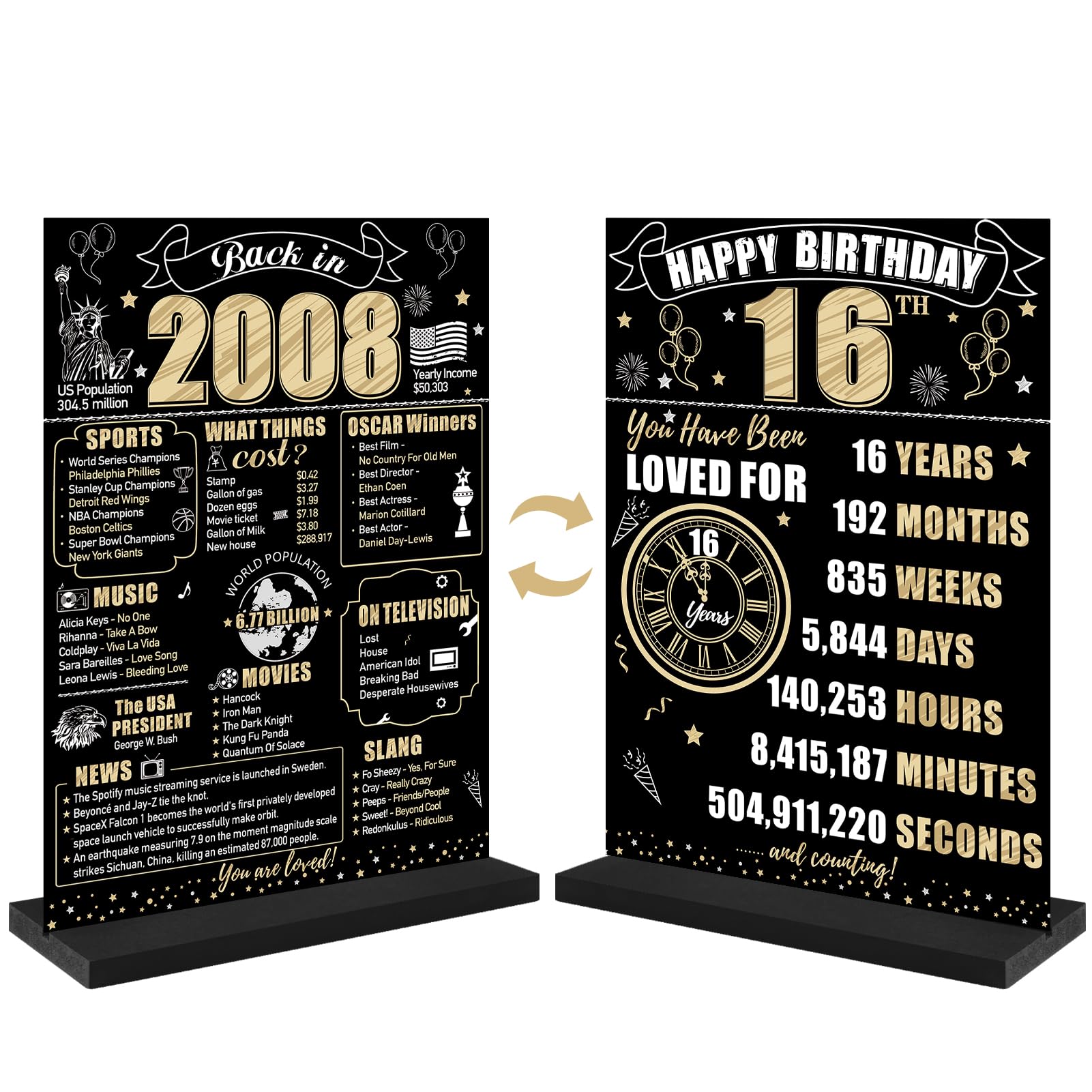 16th Birthday Decorations Back in 2009 Table Sign for Men Women, Black Gold Happy 16 Bday Two-Sided Wooden Table Poster with Stand Party Supplies, 16 Birthday Display Holder Decor