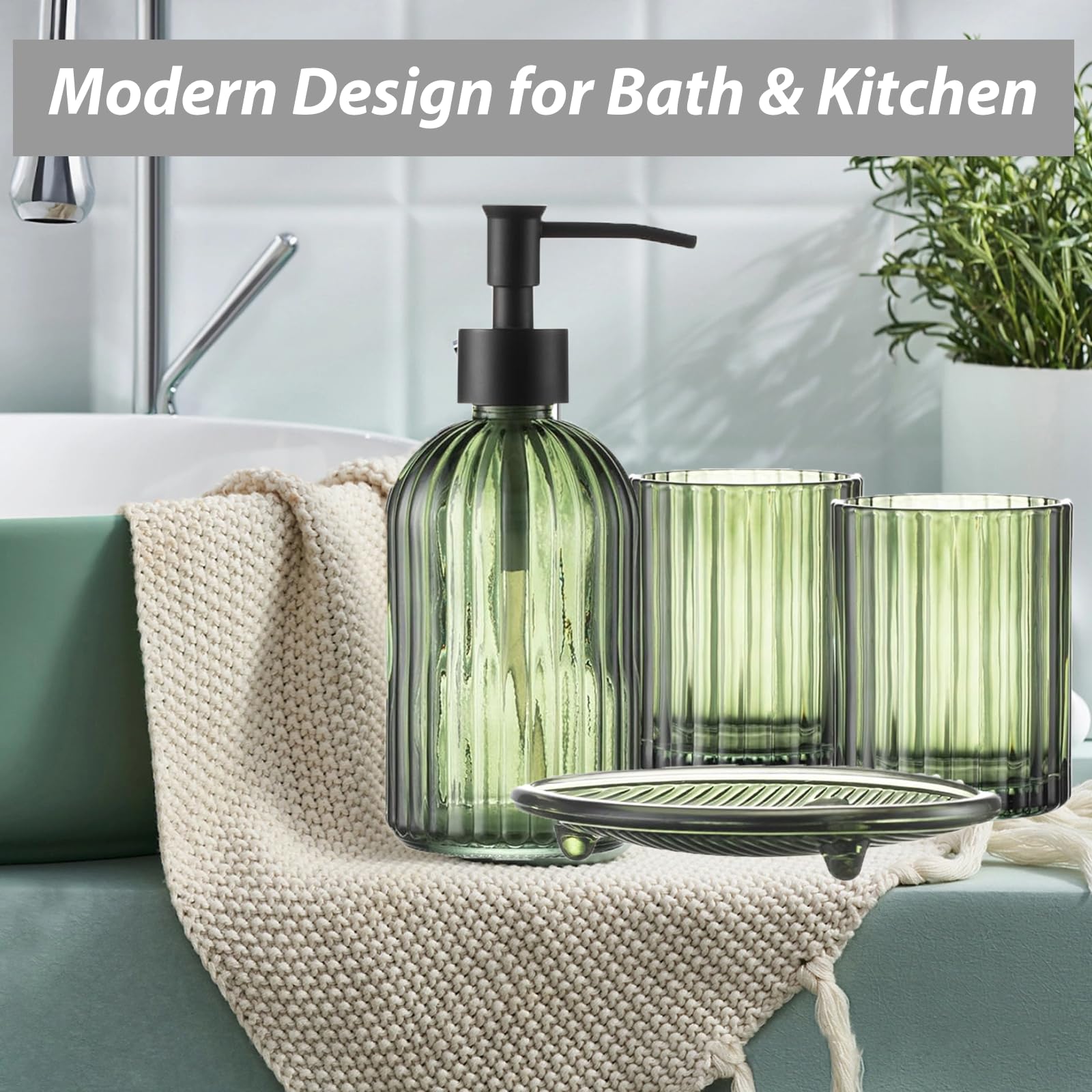 Set di accessori da bagno verde, set completo di vetro trasparente, composto da dispenser di sapone, portaspazzolino, bicchiere per sciacquone e portasapone per decorazione bagno e organizzatore