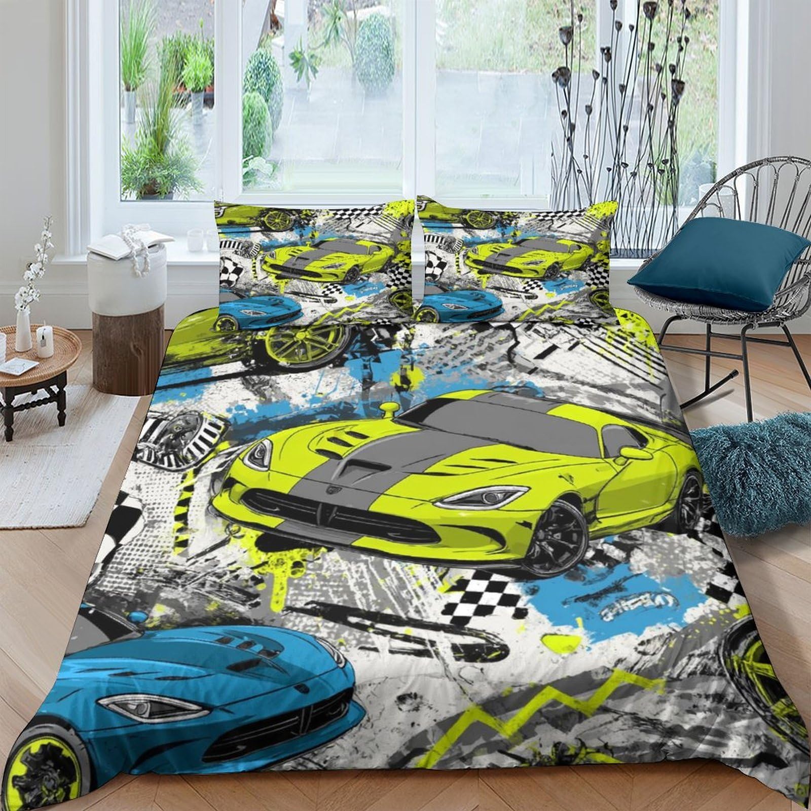 Ctjqhvkz Style-4 3D Printed Sports Car Fitted Sheet Microfiber Soft Breathable Graffiti Racing Bed Cover For Bedroom Dorm Protection Decor Single（135X200cm）