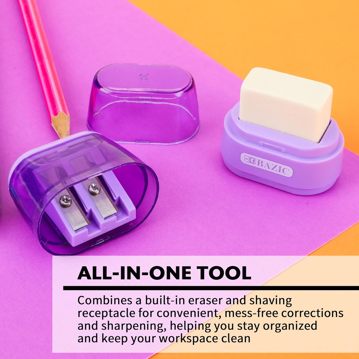 BAZIC Products Manual Pencil Sharpeners & Eraser, 144 Pack, Colorful 2 Sharpening Holes Sharpener with Eraser, Dual Hole Compact Small Handheld Pencil Sharpener, School Office Art Supplies