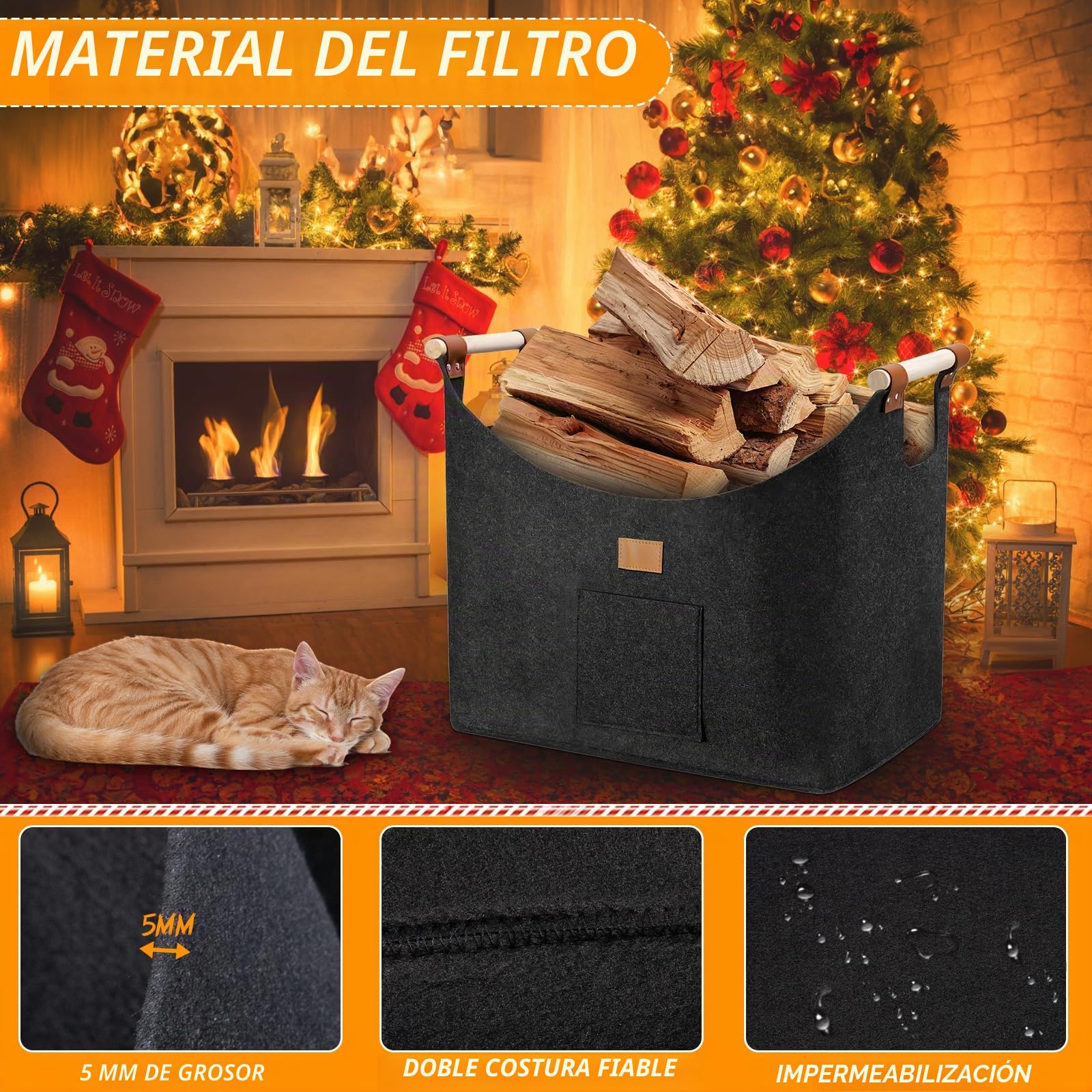 96LCesta para Leña de Chimenea, Cesta de Leña, Plegable Bolsa de Fieltro para Leñas, Cestas para Leñas con Asas, 60x40x40 Cestas Leñas, Cestass de Fieltro para Leñas de Chimenea, Gris Oscuro