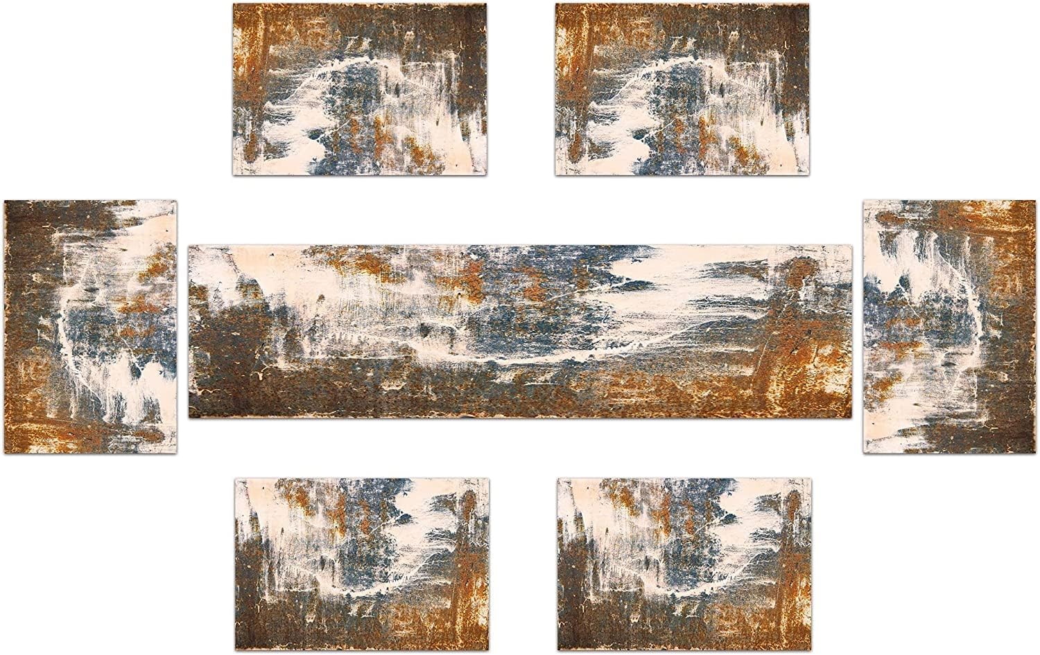 Rust Table Runner and Place Mats Set of 6 Abstract Blue and Brown Metal Steel Iron Rusty Stain Linen Dining Mat Sets Washable Vintage Splash Messy for Home Table Decorations 90 Inches Long