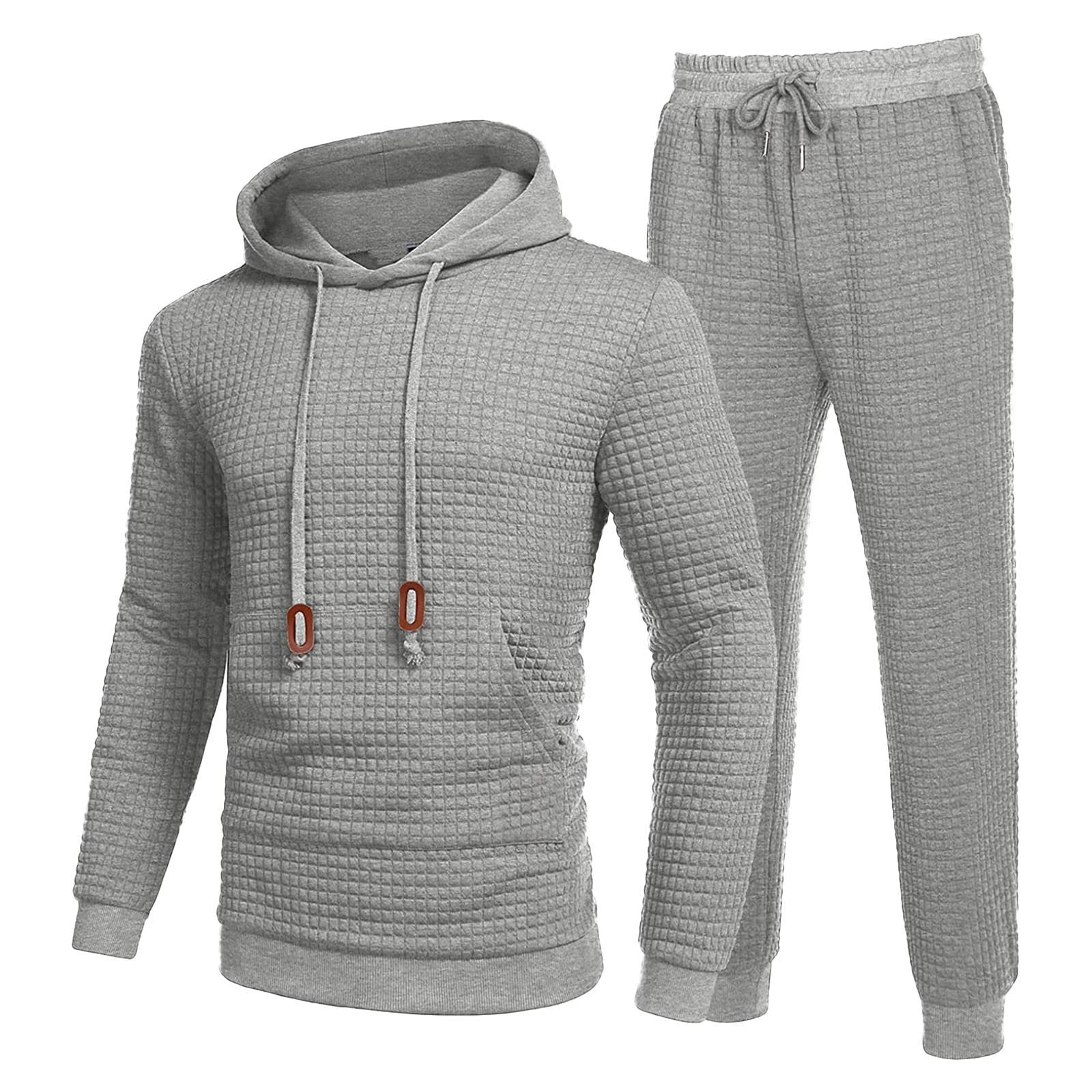 Uomo Tute Waffle a maniche lunghe Felpa con cappuccio e pantaloni, grigio, M (m) | Tuta da uomo invernale Waffle Felpa a maniche lunghe con chiusura lampo con cappuccio Giacca e pantaloni sportivi da lavoro