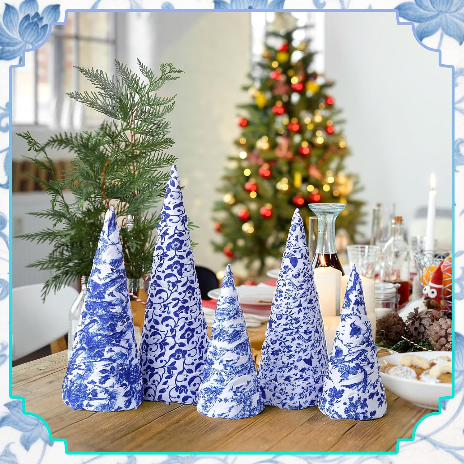 5 Pcs Chinoiserie Christmas Tree Mini Cone Table Decor Blue and White Porcelain Christmas Tree Table Centerpiece for Home Wedding Party Holiday Decor Mantle Decoration - Image 2