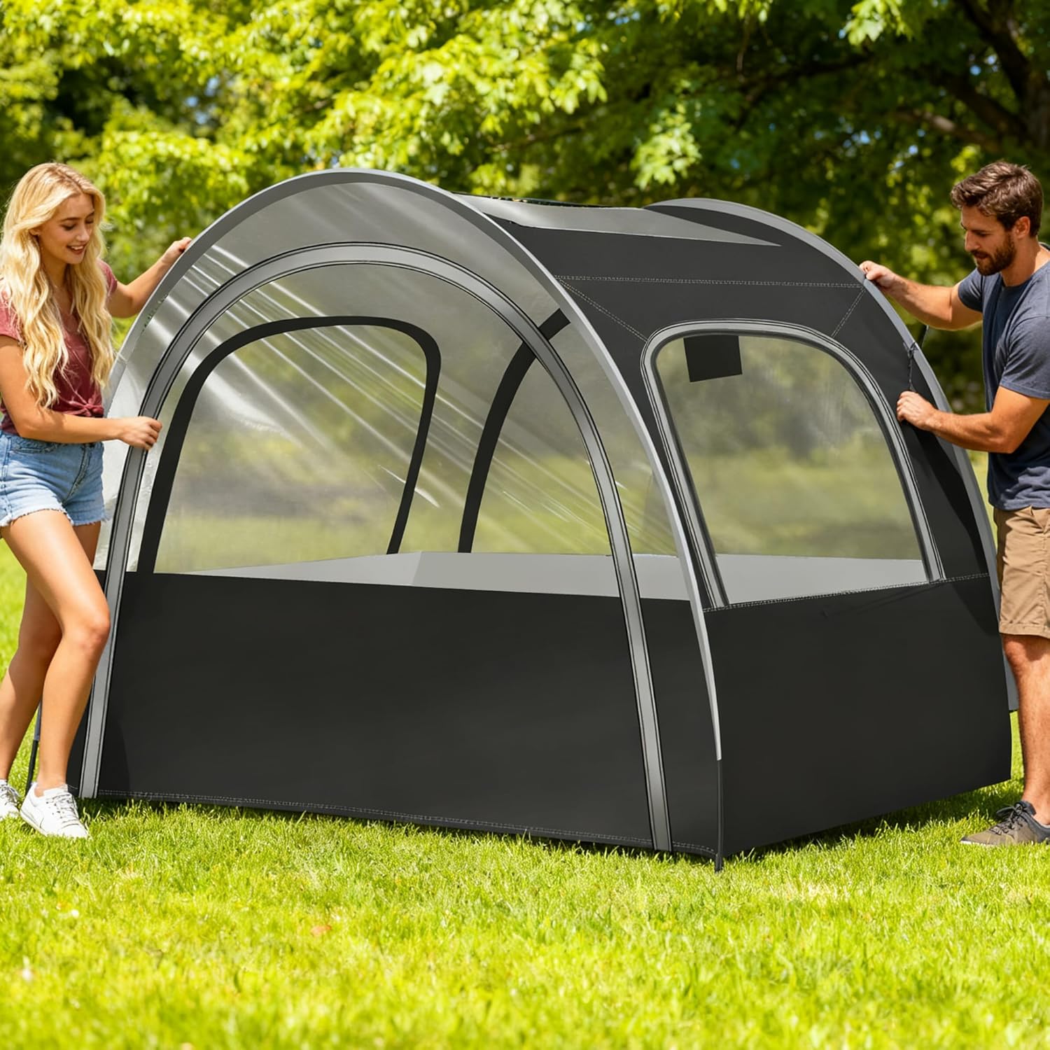 Camping & Sports Tent, 82x59x65 in, 3-4 Person PVC Tunnel Tent, Weatherproof Sunshade, No Condensation, Spacious Interior, Ultra Visibility for Sports Events Camping Fishing Cheering