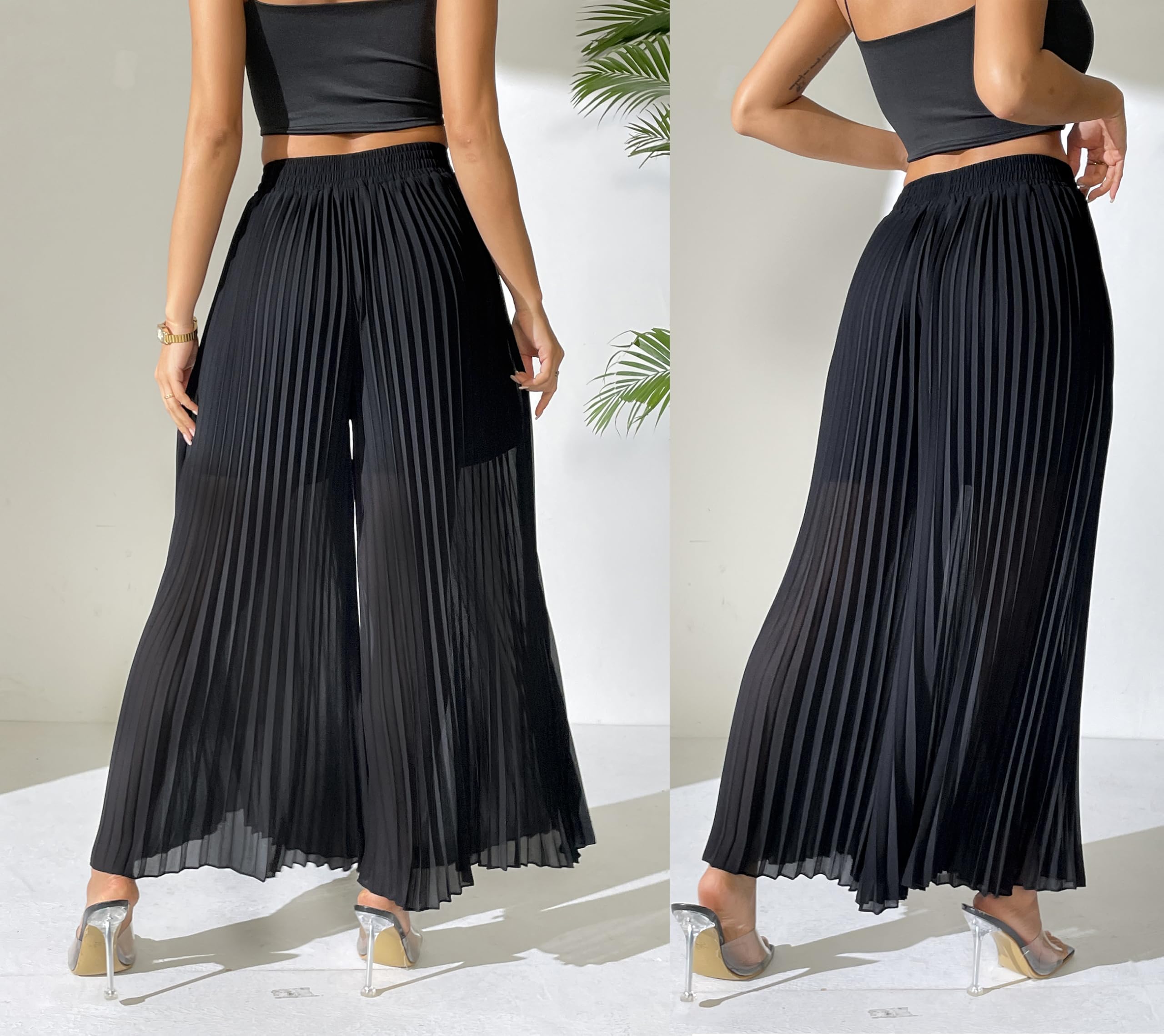 heipeiwa Damen Chiffon-Palazzo-Hose, plissiert, weites Bein, bauchfrei, Caprihose, elegante Freizeithose