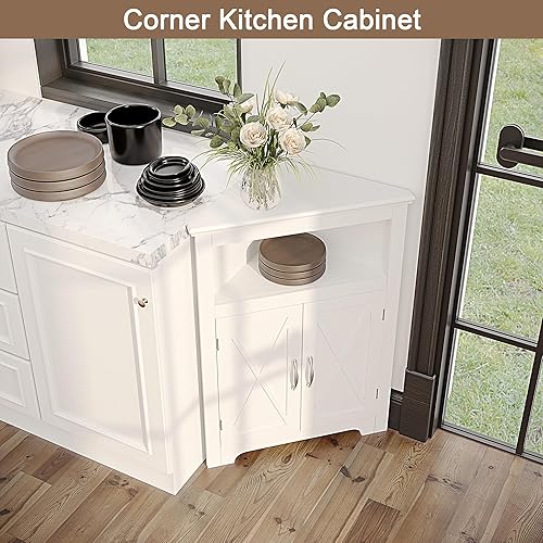 Miniatura 6 de ChooChoo Armario de almacenamiento de esquina, pequeño gabinete de esquina con diseño de puerta de granero y estante ajustable, ahorro de espacio