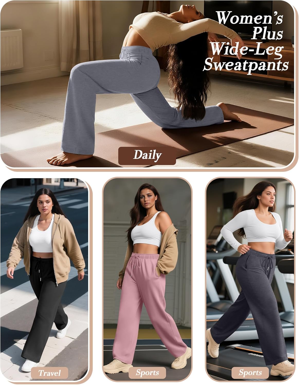 4 Pack Women's Plus Size Pants Lounge Wide Leg Yoga Pants High Waist Drawstring Sweatpants with Pockets - Image 3