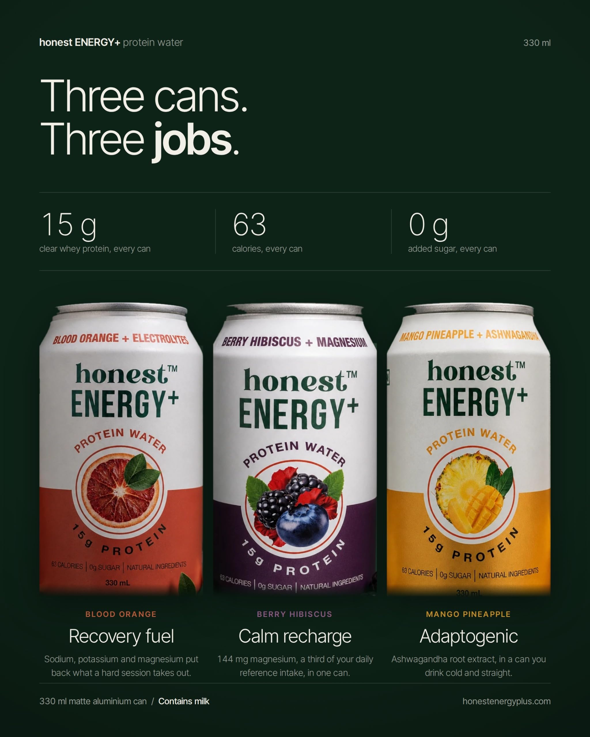Honest Energy+ Clear Whey Protein Water | 15g Protein, Zero Sugar, 63 Cal | Ready to Drink RTD Protein Drink with Electrolytes | No Added Sugar, Magnesium, Ashwagandha, Whey Isolate (BLG) | Variety Pack of 3 x 330ml Cans — Amazon image 3
