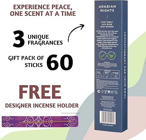 Miniatura 3 de Folkulture Varitas de incienso con soporte, juego de 3 Insenses (60 varillas) para la calma, tabaco Oud, rosa de oro, inscentajes o insentos no
