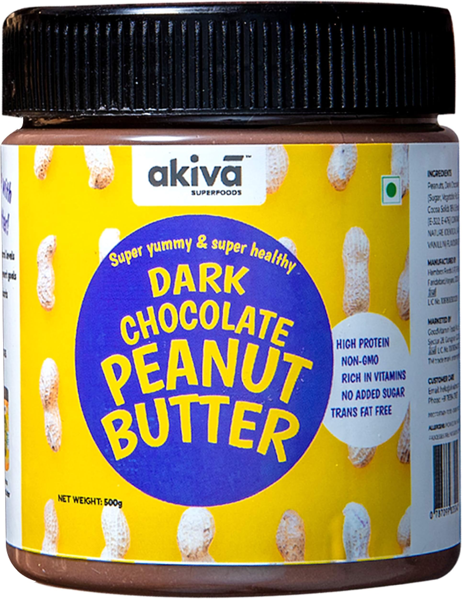 Akiva Superfoods Dark Chocolate Peanut Butter, 500 Grams - High Protein, No Added Sugar, Low Carb, Gluten-Free and Keto Friendly Diet - Superior Tasting Premium Chocolate Spread