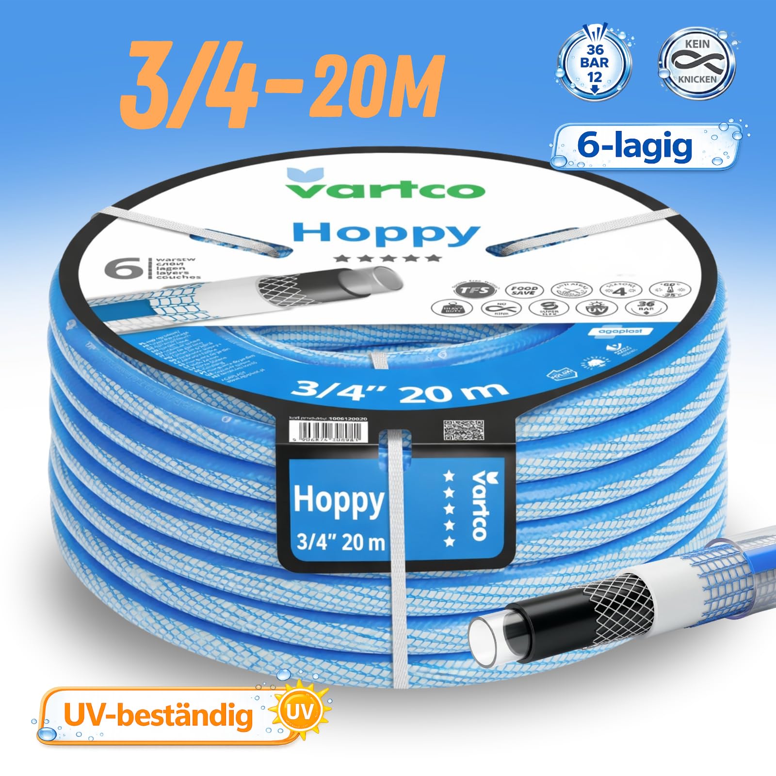 Premium Gartenschlauch 6-lagiger 1/2" & 3/4" – 20m 30m 50m – Anti-Twist TFS UV-beständig 36 Bar – Flexibler Wasserschlauch für Garten & Bewässerung (3/4" 20m)