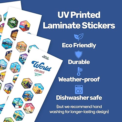 Miniatura 3 de LET'S WANDER Juego de 50 calcomanías World Adventure, diseñadas para botella de agua World Explorer, calcomanías impermeables y resistentes a la