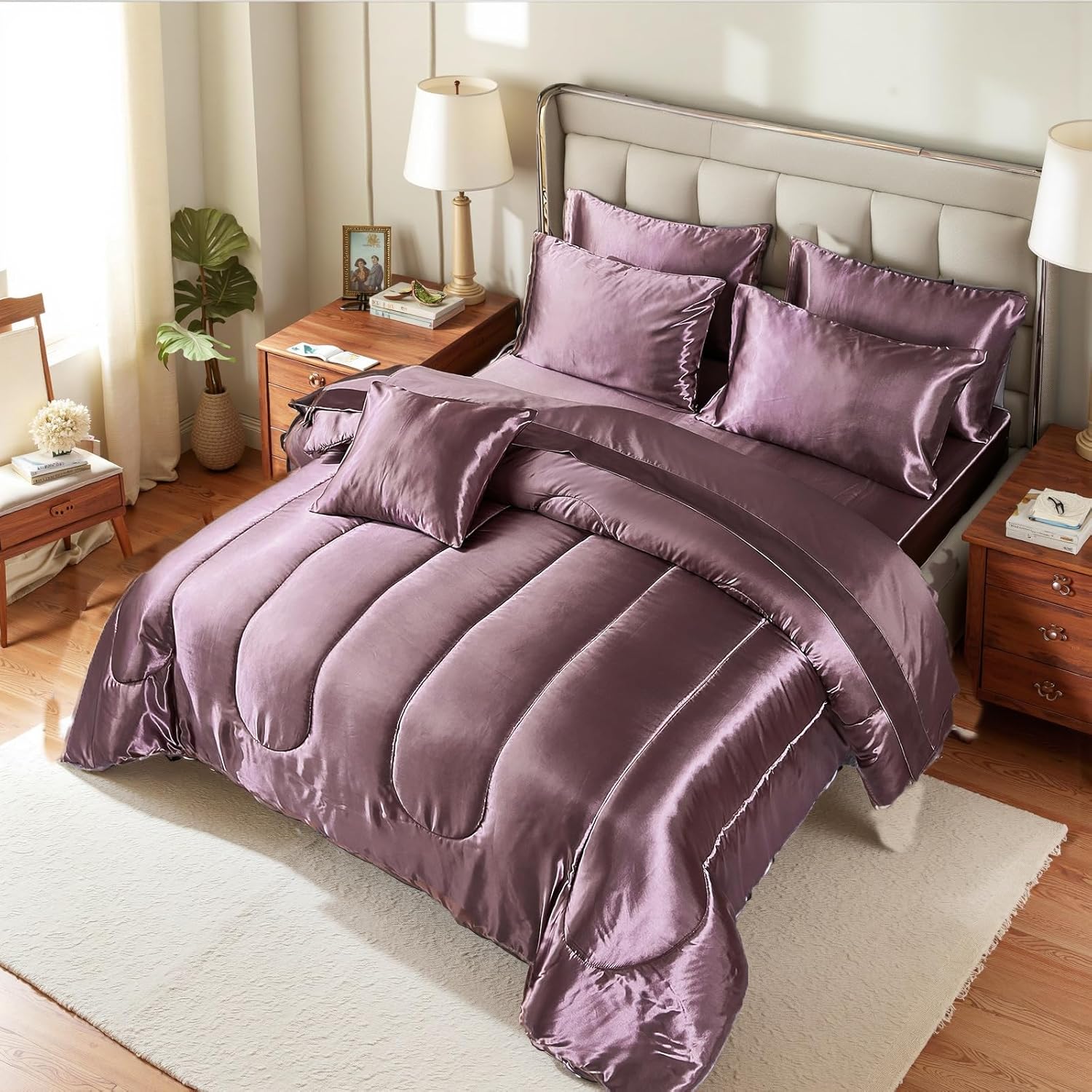 Satin Comforter Set with Sheet Set Queen Silk Like Satin Bed in a Bag 8 Pieces Luxury Silky Bedding with 1 Comforter, 1 Flat Sheet, 1 Fitted Sheet, 4 Pillowcases, 1 Cushion Cover (Queen, Blush Pink) - Image 7