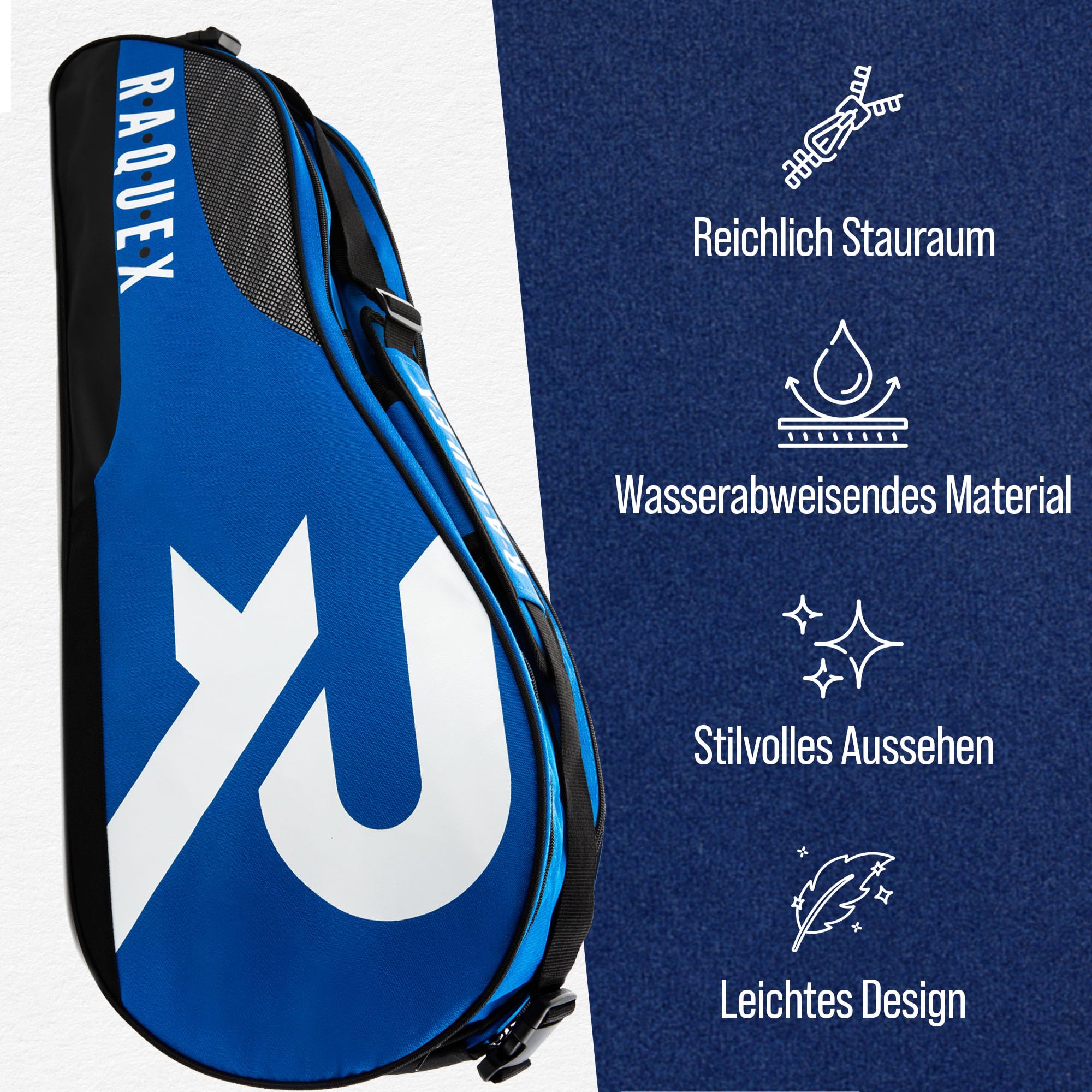 Raquex Schlägertasche - Blau/Schwarz/Magenta - für Tennis-, Badminton- und Squashschläger. Tennistasche für bis zu 6 Schläger + Zubehör + Sportschuhe