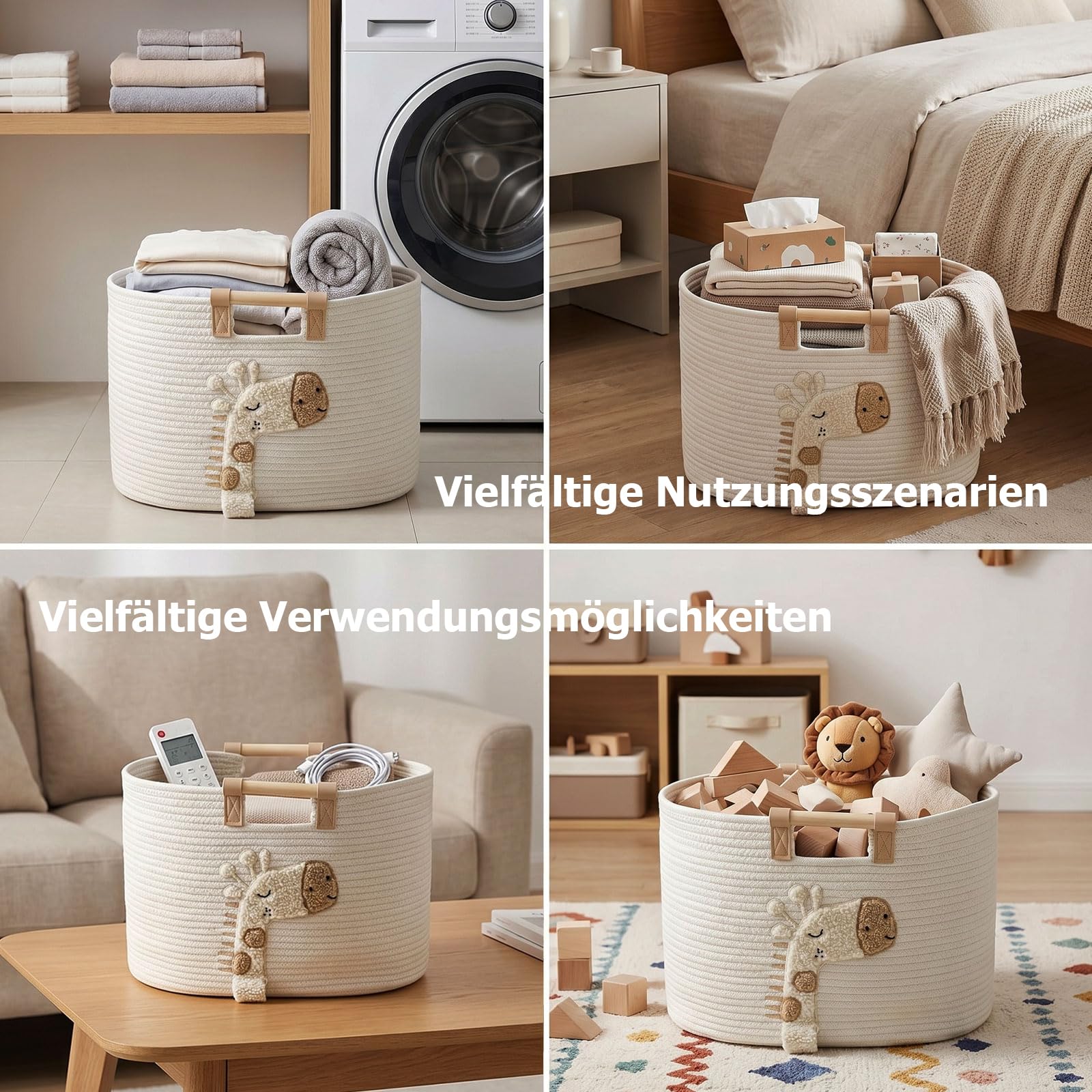 Cesta de almacenamiento de algodón, cesta trenzada con asas de madera, cestas decorativas lavables, cestas organizadoras multifuncionales para salón, baño y estantes (blanco/grande)