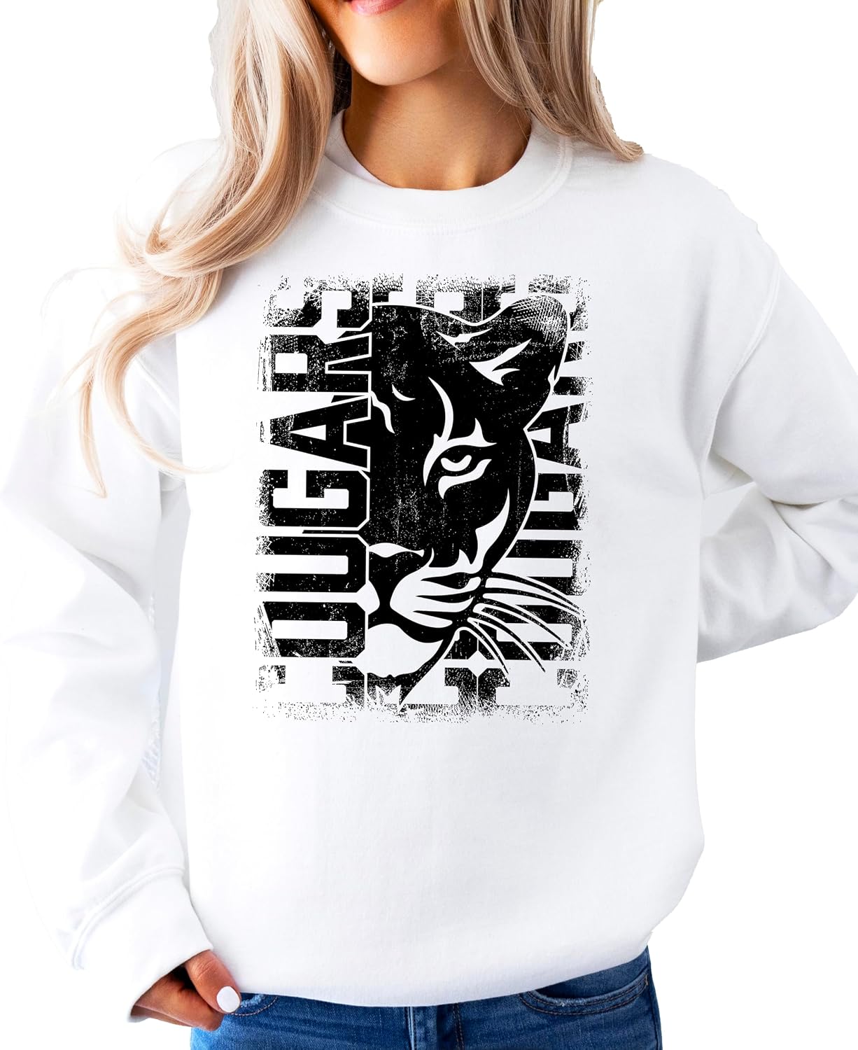 Olive Loves Apple Distressed Cougars Unisex Sweatshirt for Adults, Teens & Kids School Sports Team Pride Sweater