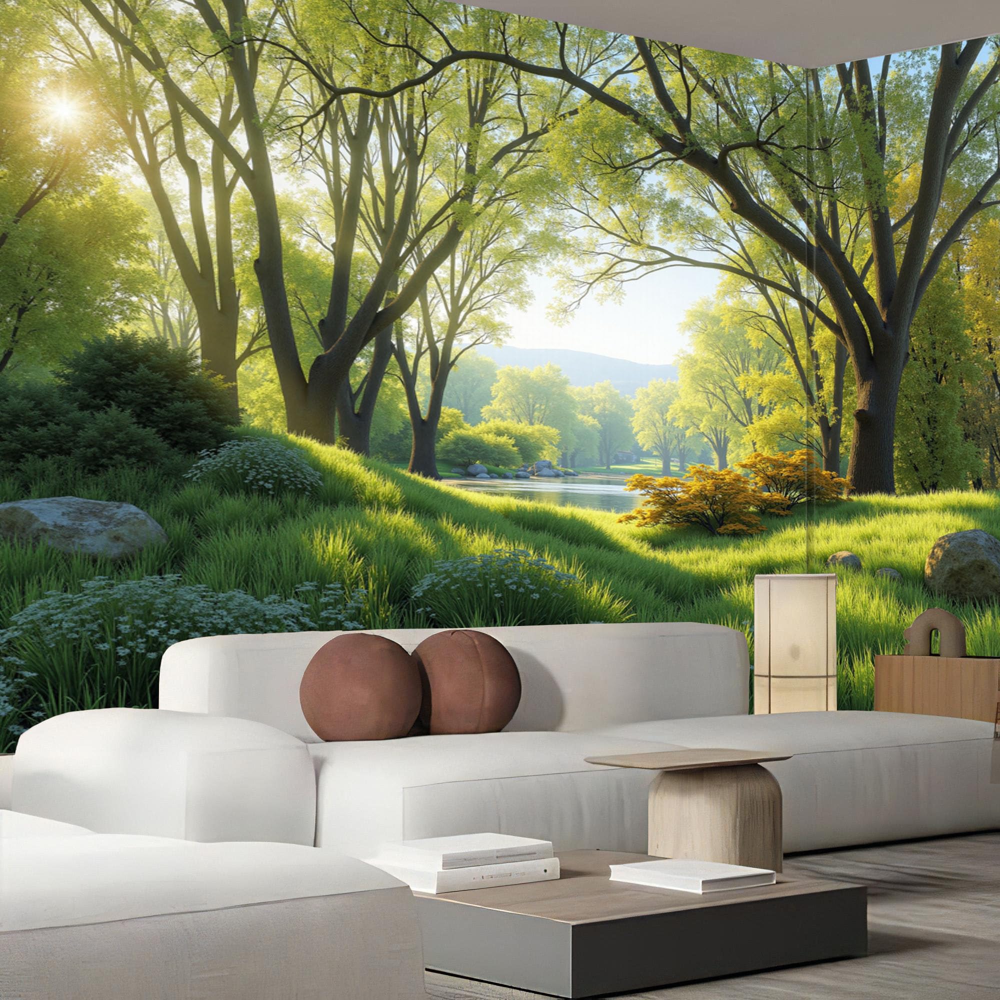 Carta da Parati Panoramica Primavera Prato Boschi Piante Foto Wallpaper Poster Gigante Design 300×210cm Murale Decor della Parete Soggiorno Camera da Letto Carta da Parati