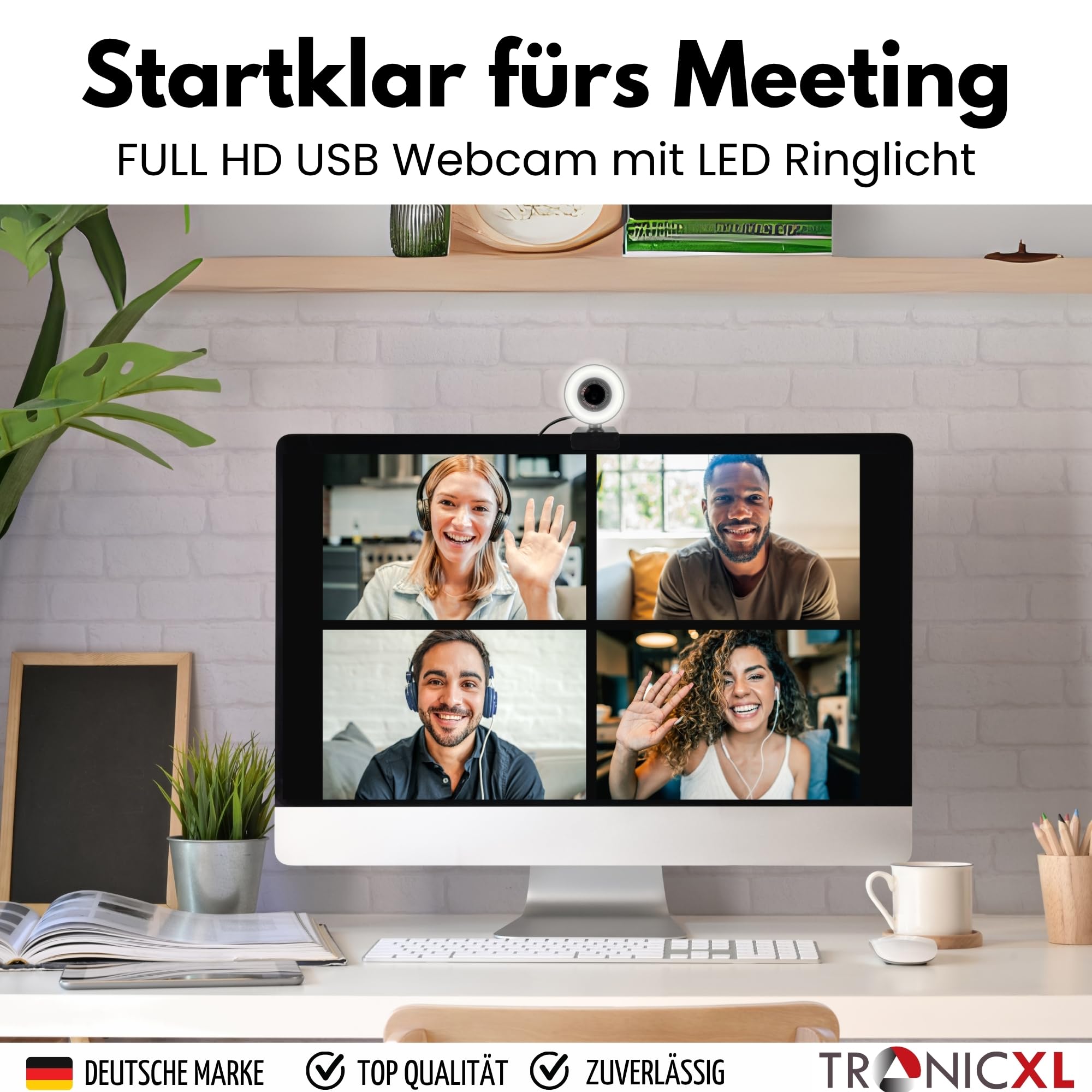 TronicXL Webcam Full HD con luce ad anello lampada 1920 x 1080p autofocus I 2 microfoni cancellazione del rumore sfondo I per streamer streaming videoconferenze gaming computer computer portatile per