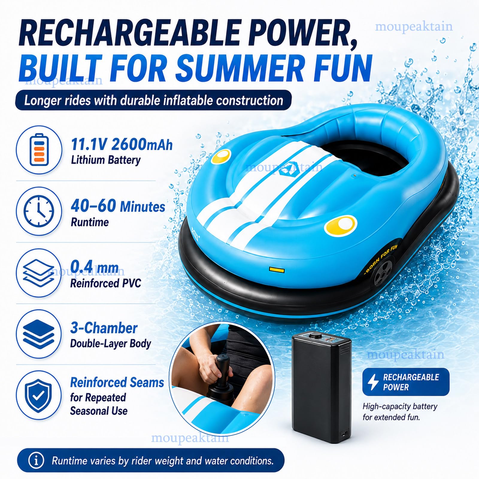 Aufblasbares Motorboot, Elektrischer Poolliege Für Erwachsene, 46 W | Mit Schlauchboot, Elektroantrieb, 2600-Mah-Akku, Luftpumpe Und 5 Düsen, Belastbar Bis 120 Kg