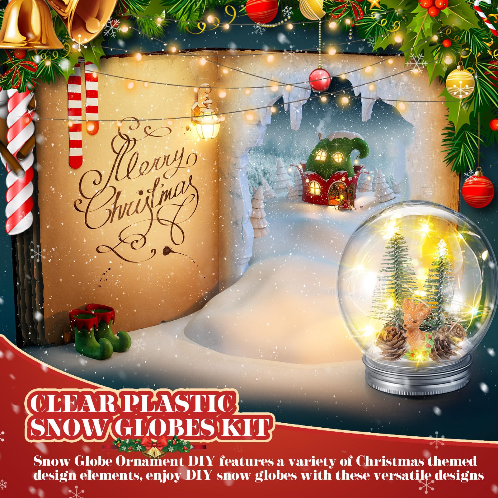 Liliful Lot de 24 boules à neige LED en plastique transparent avec mini sapin de Noël artificiel pomme de pin Père Noël, bonshommes de neige, renne, flocons de neige artificiels pour Noël, vacances,