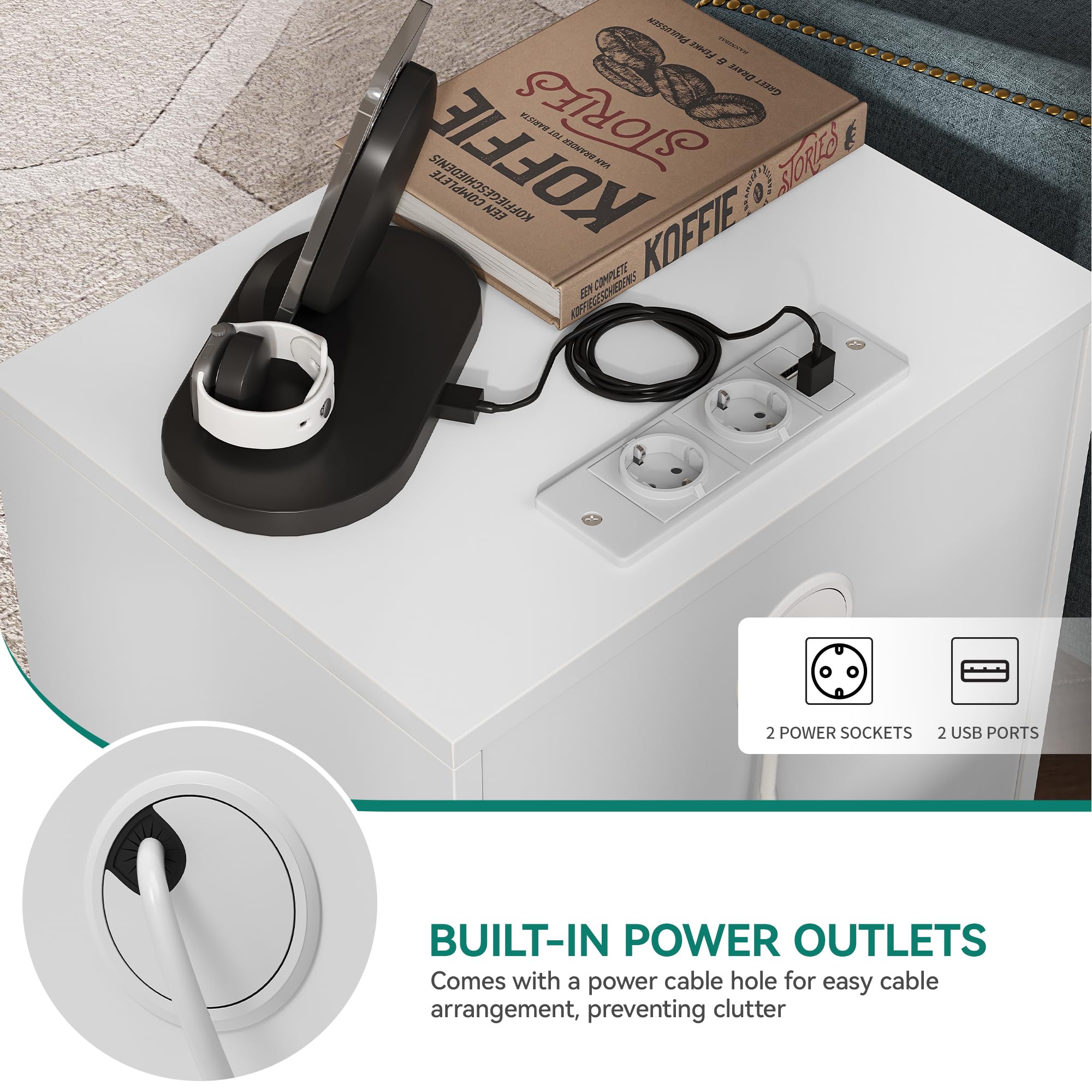 YITAHOME Comodino con 2 cassetti, 2 Porte e Prese USB, Comodino con Gambe e Maniglie in Metallo Dorato, Tavolino con Spazio per Riporre Oggetti per Soggiorno, Camera da Letto, 40x30x52 cm, Bianco