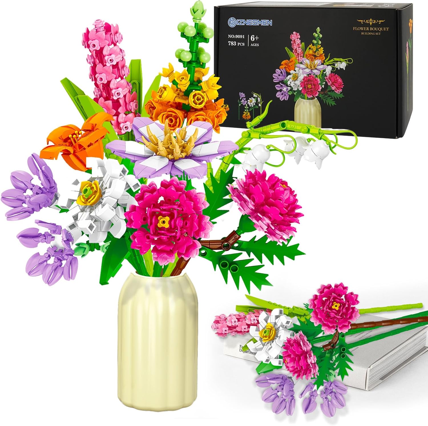BIZNESMEN 783 PCS Flower Bouquet Building Blocks Kit with Vase for Boys & Girls Ages 6 Idea, Romantic Activity Set｜8 Botanical Arrangements, Creative Floral STEM Toy