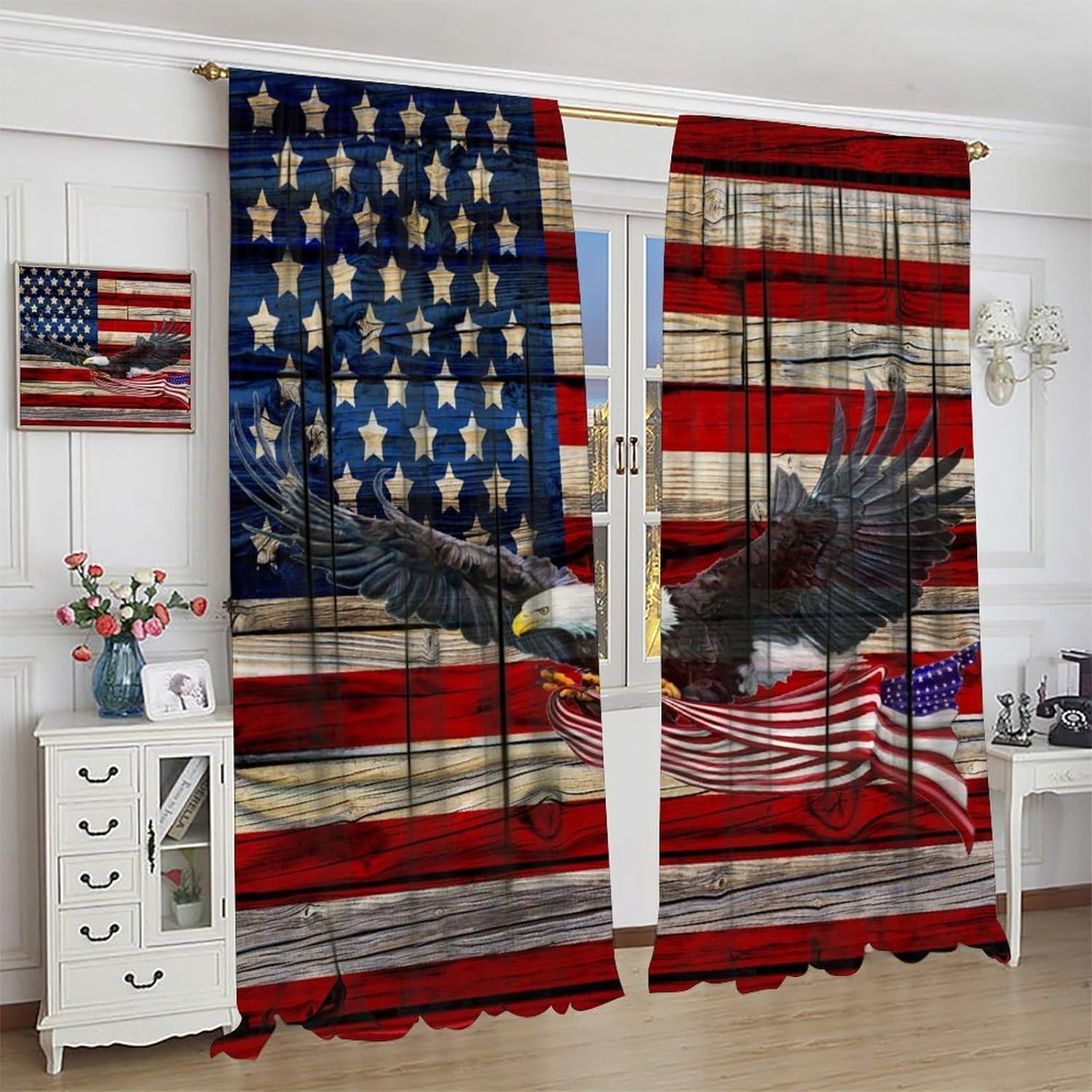 American Flag Window Curtains Independence Day Patriotic Theme Eagle Wood Plank Rod Pocket Curtain Drapes Dining Room Cafe Bedroom Living Room Kitchen Office 42x63 in