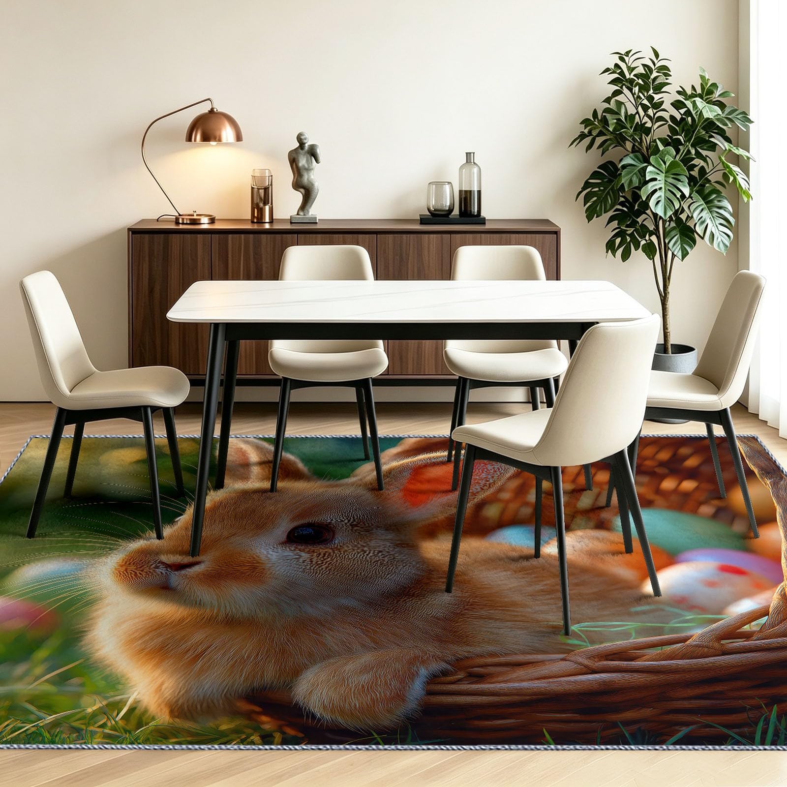 Generisch Alfombra lavable con dibujos animados en 3D, de Pascua, para salón, 160 x 230 cm, animales, conejos, huevos de Pascua, pelo corto, antideslizante, alfombra suave con estampado estampado para