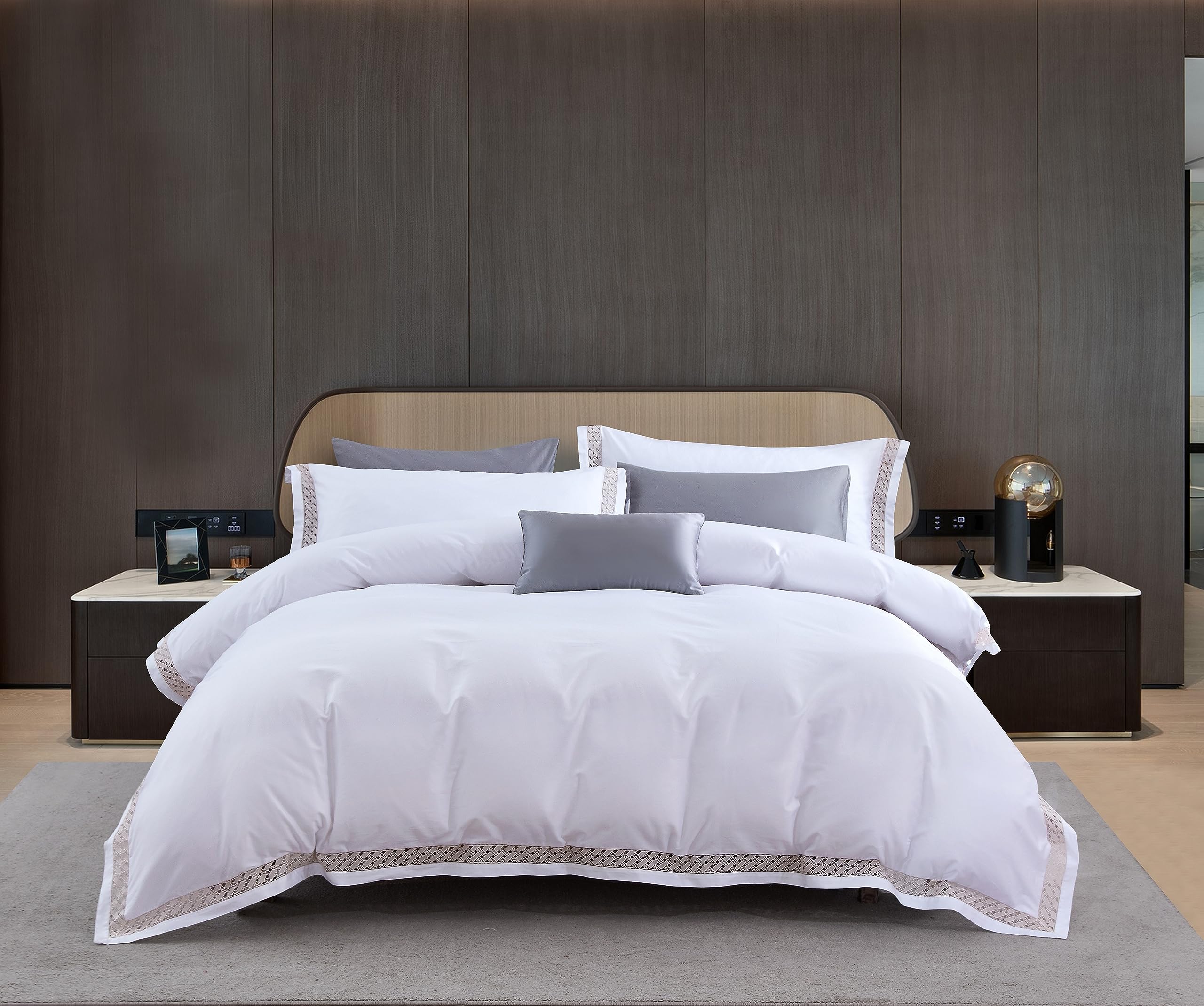 CASA BOLAJ DESIGNED TO DREAM3Pcs Duvet Cover Set Egyptain Cotton Champagne Lace Luxury Wedding Collection(White,Queen)